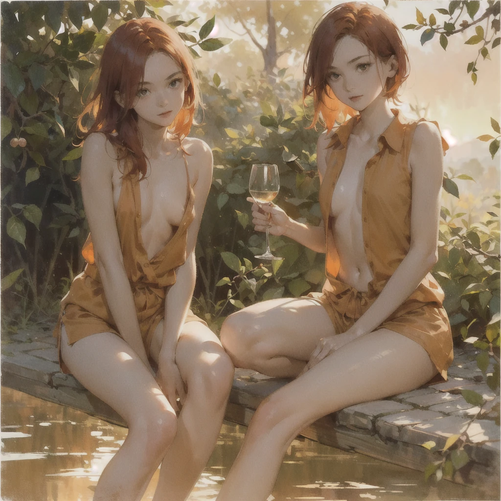 Beautiful slender thin exquisite () (Girl 16 yith a perfect southern type face) with short red hair (with tender beautiful breasts with tenples) barefoot with ighs ((with red pubic hairs)) ((in an unbuttoned open light orange shirt over his naked body and short light orahorts)) (is sitting) (on a brick road) in the middle of a flowering field (with a glass of wine) ((and, trickles between legs)), in a gentle watercolor style, Discreet shades, sfumato, haze, diffused dim light, delicate mint shades, imitation of film photography, (olive and grape groves, Brick Road), (High image quality, Maximum detail), (sunset lighting, Warm evening shades, warm golden and olive sunset light)