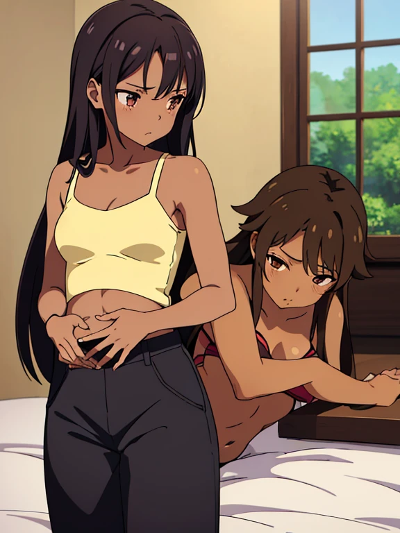 (masterpiece, high quality) brown skin anime girl in a lowcut cami top, (trousers), famished in hunger, (gently resting hands on stomach), (long hair), (hands on her stomach)