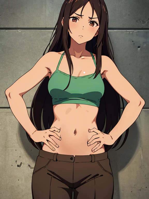 (masterpiece, high quality) brown skin anime girl in a lowcut cami top, (trousers), famished in hunger, (gently resting hands on stomach), (long hair), (hands on her stomach)
