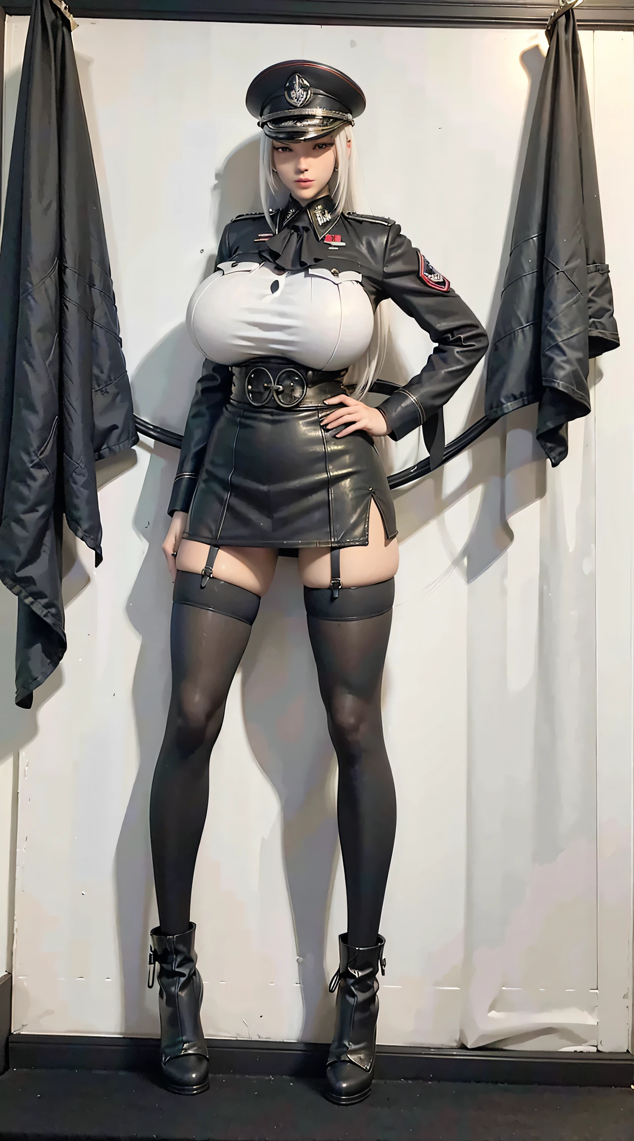 physically-based rendering, 1girl, white hair, Female soldier, (huge fake breasts:1.2), sexy muscular body, slim waist, big buttocks, (Full body:1.3), skintight army military crop top uniform, short military skirt uniform, black stocking.