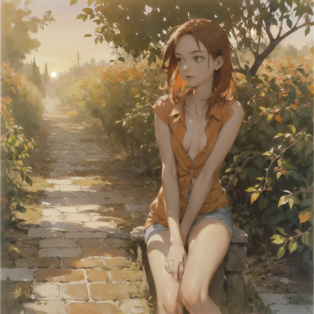 An exquisite slender tender girl of with a perfect tender face with red hair with freckles in the rays of the rising sun, naked with tender breasts with pink nipples, barefoot on the veranda in the garden drinks (coffee) and looks at the flowers, in watercolor style, discreet light shades, Flares, imitation of film photography, against the sun, a lot of sun glare, light fills the frame, (olive and grape shades), (warm soft evening light)