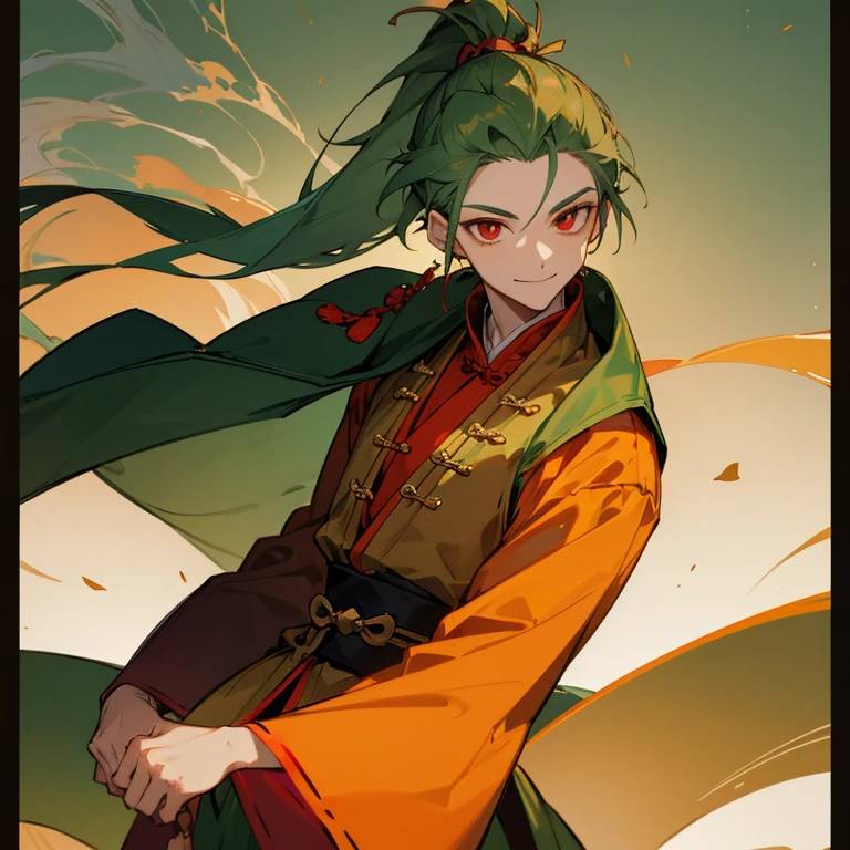 Tall manly young man, slim build, green hair in high ponytail, pale complexion, red eyes, smiling, ocher and gold traditional ancient Chinese clothing