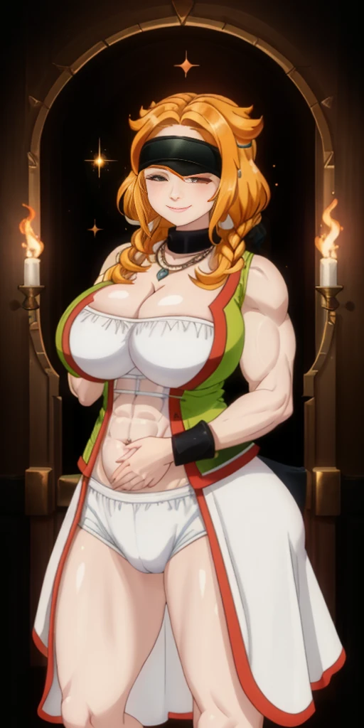 (masterpiece, HI quality: 1.1) 1girl full body standing good face, nice ass, hairstyle: braid, Color Hair: long hair, Blindfolded: NO EYES, Skin: White (porcelain skin, sparkly skin), muscular, thighs, Mature woman, Abs, looks at the viewer smiling, extremely huge breasts, maternal, chest cover with clothes, huge white necklace