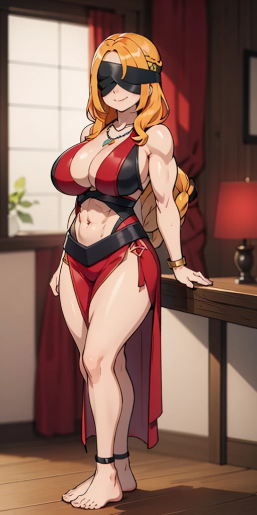 (masterpiece, HI quality: 1.1) 1girl full body standing good face, nice ass, hairstyle: braid, Color Hair: long hair, Blindfolded: NO EYES, Skin: White (porcelain skin, sparkly skin), muscular, thighs, Mature woman, Abs, looks at the viewer smiling, extremely huge breasts, maternal, chest cover with clothes, huge white necklace