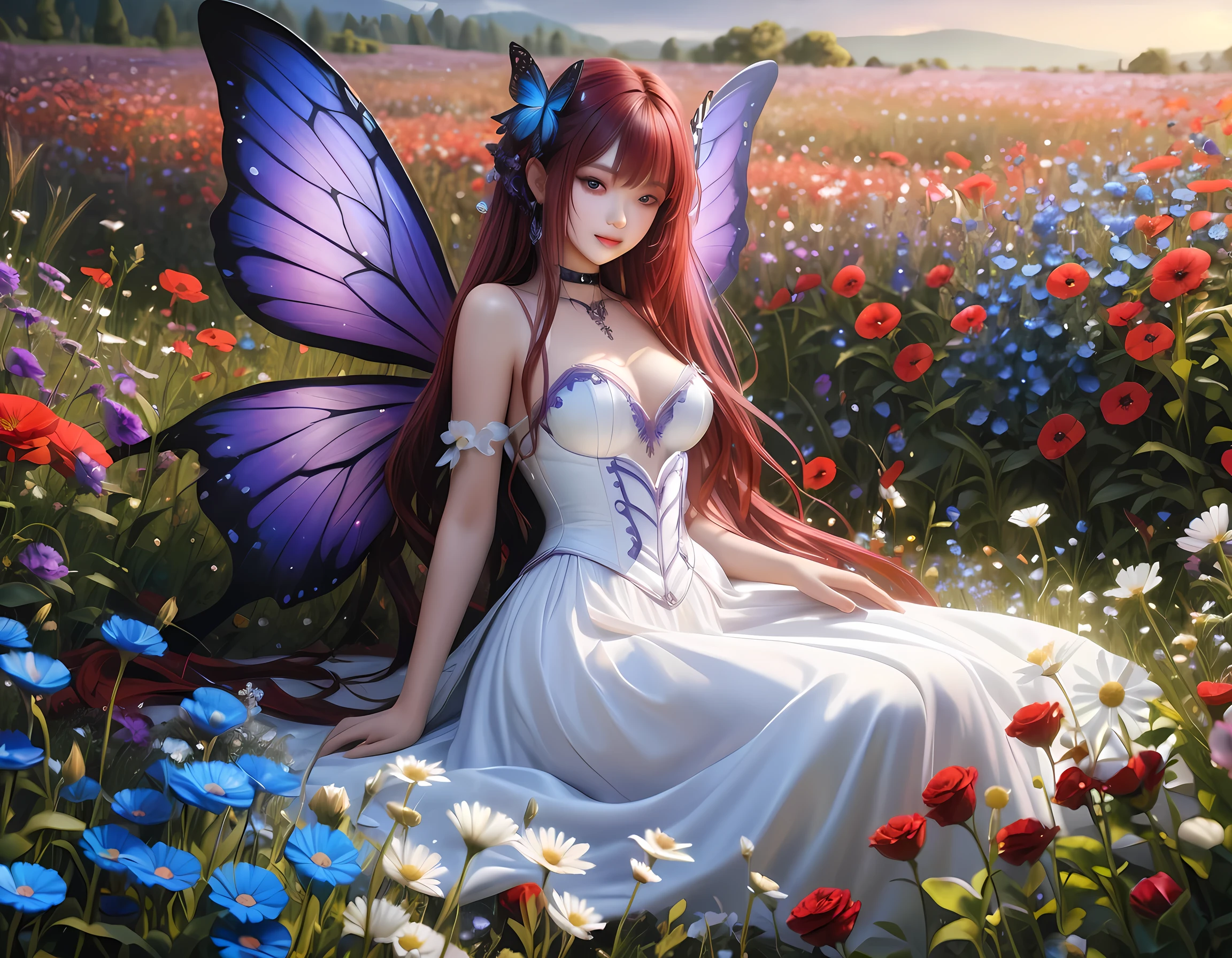 high details, best quality, 16k, RAW, [best detailed], masterpiece, best quality, (extremely detailed), full body, ultra wide shot, photorealistic, dark fantasy art, goth art, RPG art, D&D art, a picture of a dark female fairy resting in a flower meadow, extremely beautiful fairy, ultra feminine (intense details, Masterpiece, best quality), best detailed face (intense details, Masterpiece, best quality), having wide butterfly wings, spread butterfly wings (intense details, Masterpiece, best quality: 1.3), (purple: 1.5)  colors wings (intense details, Masterpiece, best quality), (dark red) hair, long hair, shinning hair, flowing hair, shy smile, innocent smile, (blue: 1.3) eyes, dark blue lips, wearing (white: 1.3) dress latex corset (intense details, Masterpiece, best quality), dynamic elegant shirt, chocker, wearing (red: 1.3) high heels, in various shades of red colored flower meadow (intense details, Masterpiece, best quality), (red flowers: 1.2) , (black flowers: 1.2), (white flowers: 1.2), (blue flowers: 1.3) [extreme many flowers] (intense details, Masterpiece, best quality), dark colorful flowers (intense details, Masterpiece, best quality), flower meadow in a dark goth field background, night time, moon rising, dim light, cinematic light, High Detail, Ultra High Quality, High Resolution, 16K Resolution, Ultra HD Pictures, 3D rendering Ultra Realistic, Clear Details, Realistic Detail, Ultra High Definition, #chinese cloth, dungeons and dragons, DonMDr4g0nXL