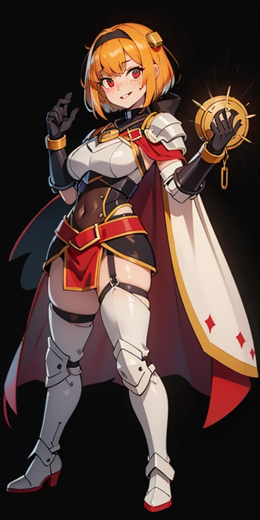 Masterpiece, (flat black background:1.2) solo, detailed face, intricate iris, thick lips, robot girl, (gold and white skin), realistic illustration of a (cyborg girl), (RED eyes), IvoryGoldAI, (freckles),(holding BREATHTAKING:1.2), (gold and white armor:1.2), (looking at viewer:1.2), parted lips, standing straight symmetrical, looking at viewer, ??????? smirking smile face red blushed red cheeks, thick thighs, thigh highs, thigh, boots, armor, armored boots, full body armor, ?????? armor, big breastplate, pauldron, bracers, leather black choker, tiger claws gloves, short bob white haircut, helmeted, metal shoulders, red long loincloth, longest blue cape reach to the waist, ???????? and chains wristbands