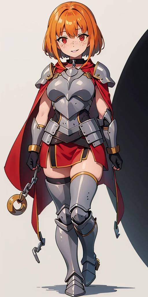 Masterpiece, (flat black background:1.2) solo, detailed face, intricate iris, thick lips, robot girl, (gold and white skin), realistic illustration of a (cyborg girl), (RED eyes), IvoryGoldAI, (freckles),(holding BREATHTAKING:1.2), (gold and white armor:1.2), (looking at viewer:1.2), parted lips, standing straight symmetrical, looking at viewer, lustful smirking smile face red blushed red cheeks, thick thighs, thigh highs, thigh, boots, armor, armored boots, full body armor, bikini armor, big breastplate, pauldron, bracers, leather black choker, tiger claws gloves, short bob white haircut, helmeted, metal shoulders, red long loincloth, longest blue cape reach to the waist, shackles and chains wristbands