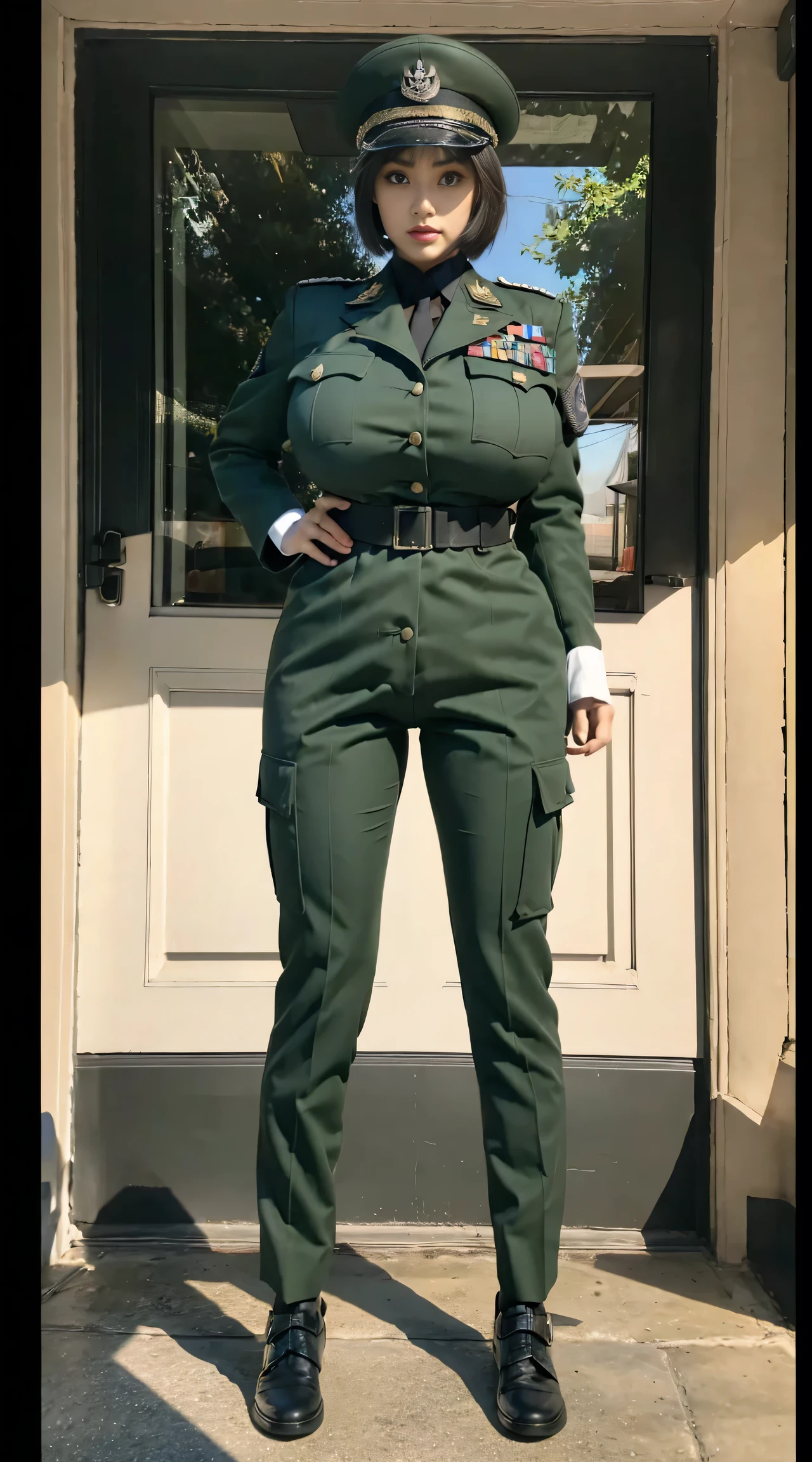 physically-based rendering, 1girl, Female soldier, (huge fake breasts:1.3), sexy muscular body, slim waist, (big buttocks:1.2), (Full body:1.5), front bangs short hair, army suit, Dark green military uniform.