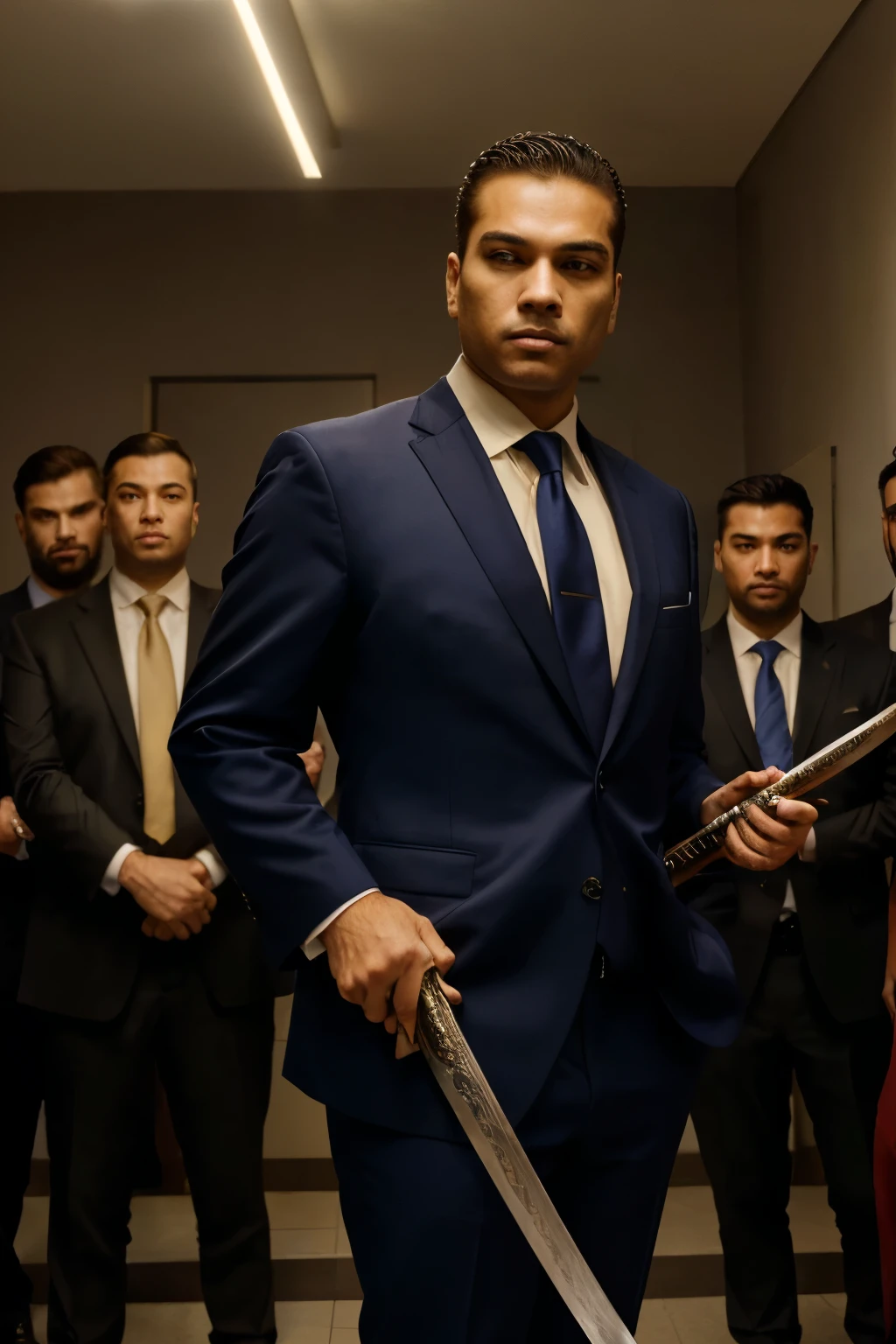 obra de arte, melhor qualidade, extremamente detalhado, a man in a suit with a katana in his hand while several men in suits stand behind him