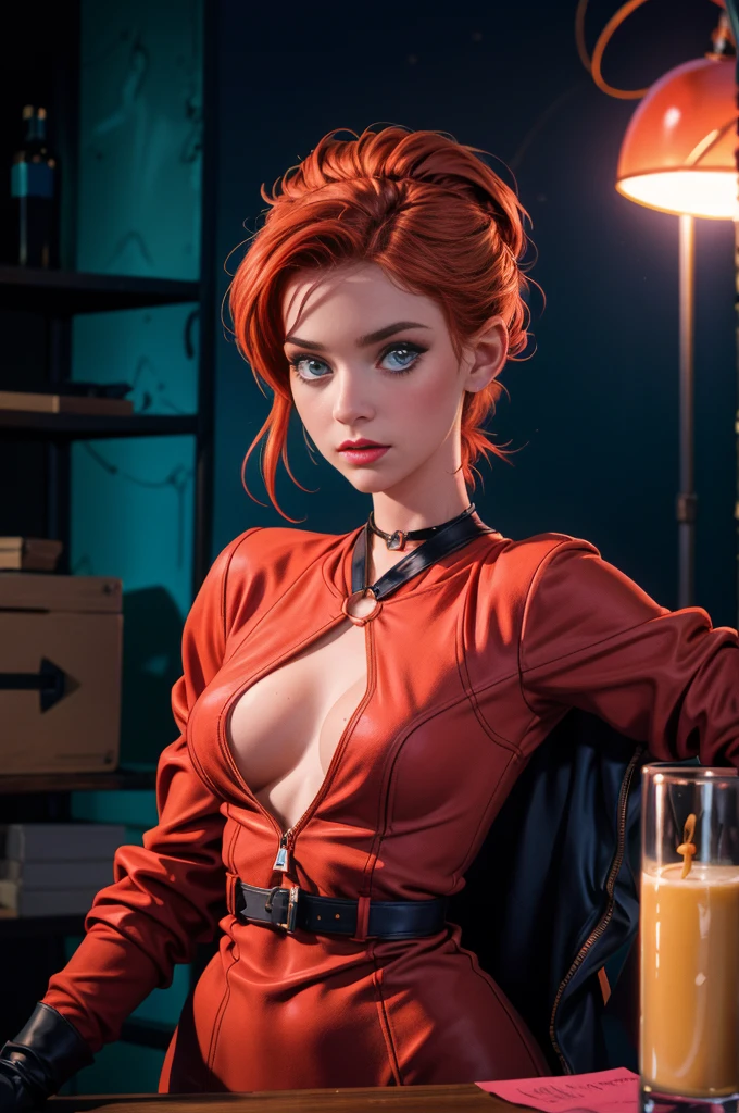 une femme de 25 ans, rousse, soubrette, very detailed, sexy, bondage avec des rubans de soie, cire fondue sur la peau, in a dark room, neon lighting, chambre luxueuse