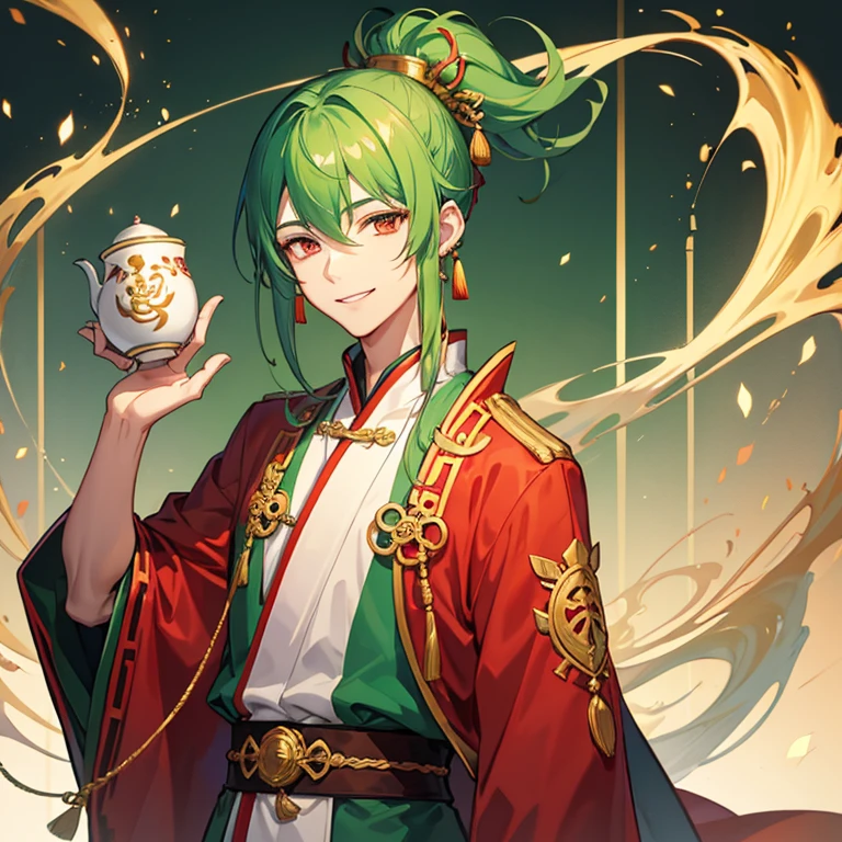 Tall manly young man, slim build, green hair in high ponytail, pale complexion, red eyes, smiling, ocher and gold traditional ancient Chinese clothing