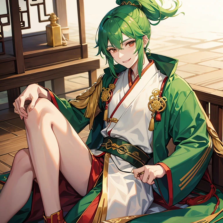 Tall manly young man, slim build, green hair in high ponytail, pale complexion, red eyes, smiling, ocher and gold traditional ancient Chinese clothing