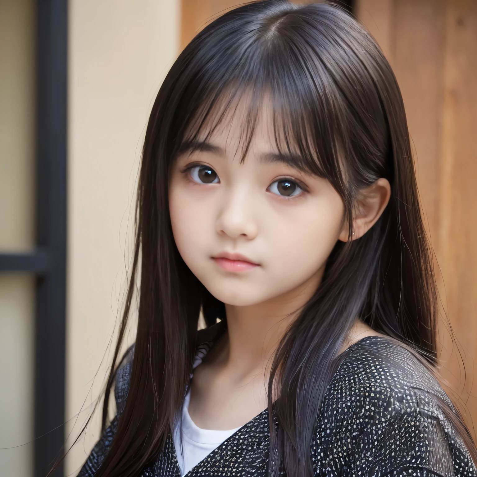 Best-quality, Masterpiece, Ultra-High-Resolution, (Photorealistic:1.4), Raw-Photo, 1girl, -yeld, thost famous Japanese idol, ((extremely cute face like the most popular Japanese idol, ((extremely cute and extremely big black-eyes)), extremely beautiful hair))