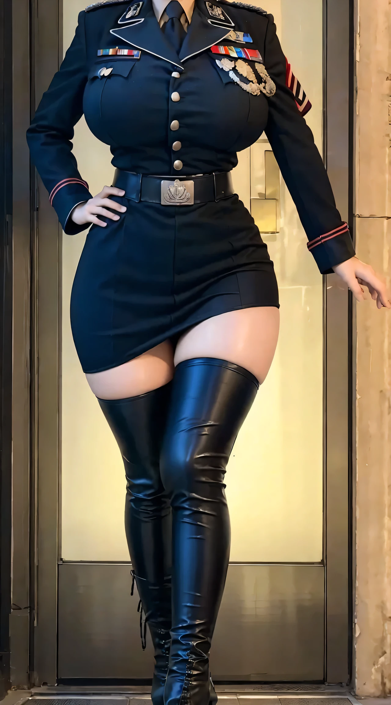 physically-based rendering, 1girl, Female soldier, (huge fake breasts:1.2), (street city), sexy muscular body, slim waist, big buttocks, (Full body:1.3), walking, skintight army skirt, (military uniform:1.3), huge breasts, wide hips, long sexy legs, tall