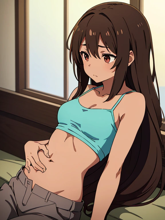 (masterpiece, high quality) brown skin anime girl in a lowcut cami top, (trousers), famished in hunger, (lowcut top), (gently resting hands on stomach), (long hair), (hands on her stomach)