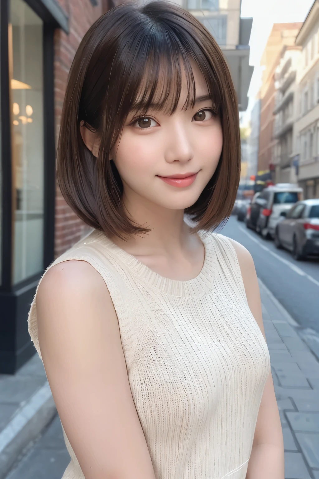 one girl, (beautiful girl, delicate girl:1.3), (26 years old:1.3),
break, (Sleeveless knit:1.3),
break, extremely fine-grained clarity, (symmetrical eyes:1.3),
break, (street snap:1.3), perfectly trimmed fingers,
break, small breasts, brown eyes, parted bangs, brown hair,
break, (Eye and face details:1.0),
break, (masterpiece, highest quality, super detailed, detailed face, 8k),smile