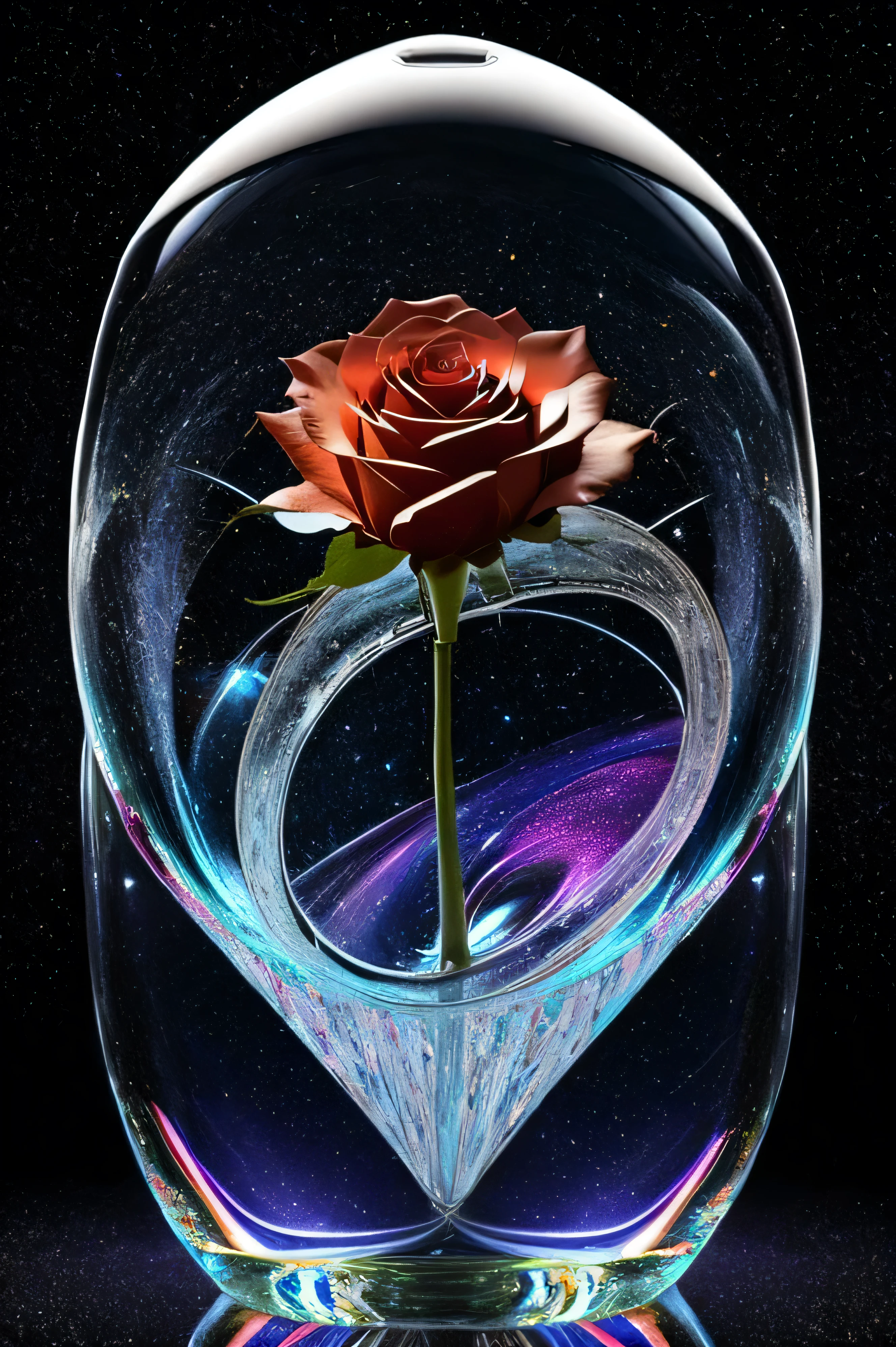 8K,Best quality, masterpiece, ultra high res, (background, symmetrical, crystallization,Beautiful detailed), (((1 big colorful rose, geometric pattern, beautiful gradation))), (((bubble art, perfect circle, Bubble is floating in galaxy))), diamond world, crystallization flower,ice theme, starry sky, holographic, purple