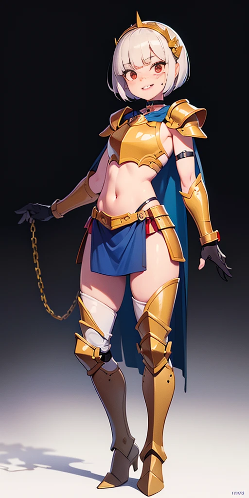 Masterpiece, (flat black background:1.2) solo, detailed face, intricate iris, thick lips, robot girl, (gold and white skin), realistic illustration of a (cyborg girl), (RED eyes), IvoryGoldAI, (freckles),(holding BREATHTAKING:1.2), (gold and white armor:1.2), (looking at viewer:1.2), parted lips, standing straight symmetrical, looking at viewer, lustful smirking smile face red blushed red cheeks, thick thighs, thigh highs, thigh, boots, armor, armored boots, full body armor, bikini armor, big breastplate, pauldron, bracers, leather black choker, tiger claws gloves, short bob white haircut, helmeted, metal shoulders, red long loincloth, longest blue cape reach to the waist, shackles and chains wristbands