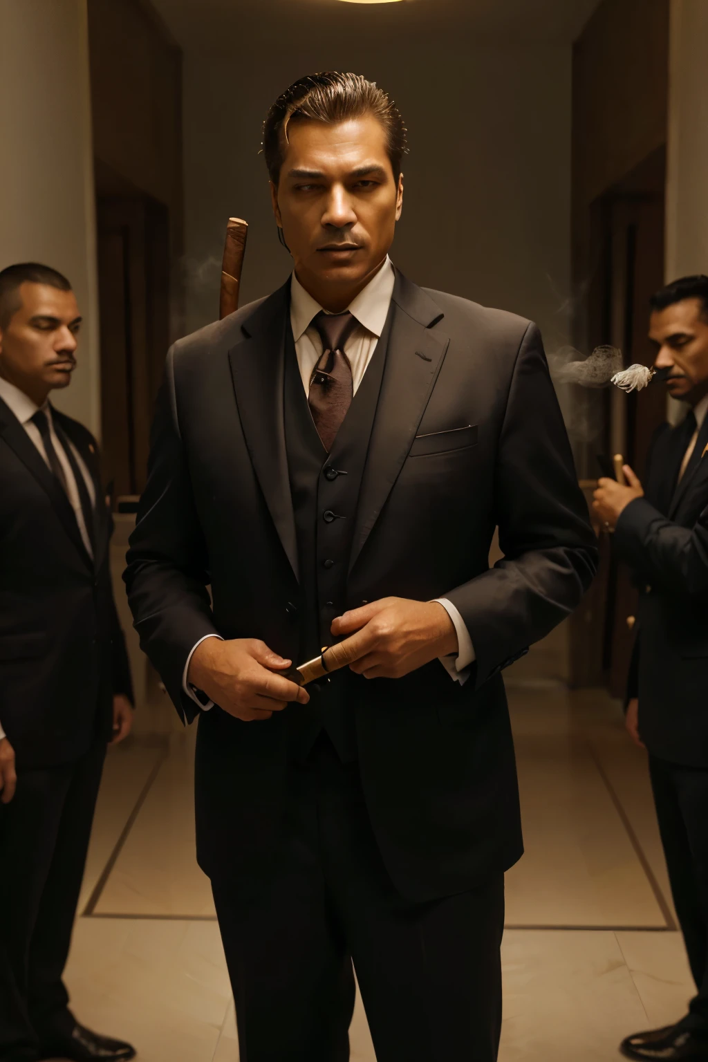 obra de arte, melhor qualidade, extremamente detalhado, hiperrealista, Fotorrealista, a man in a suit with a katana in his hand and smoking a cigar while several men in suits stand behind him