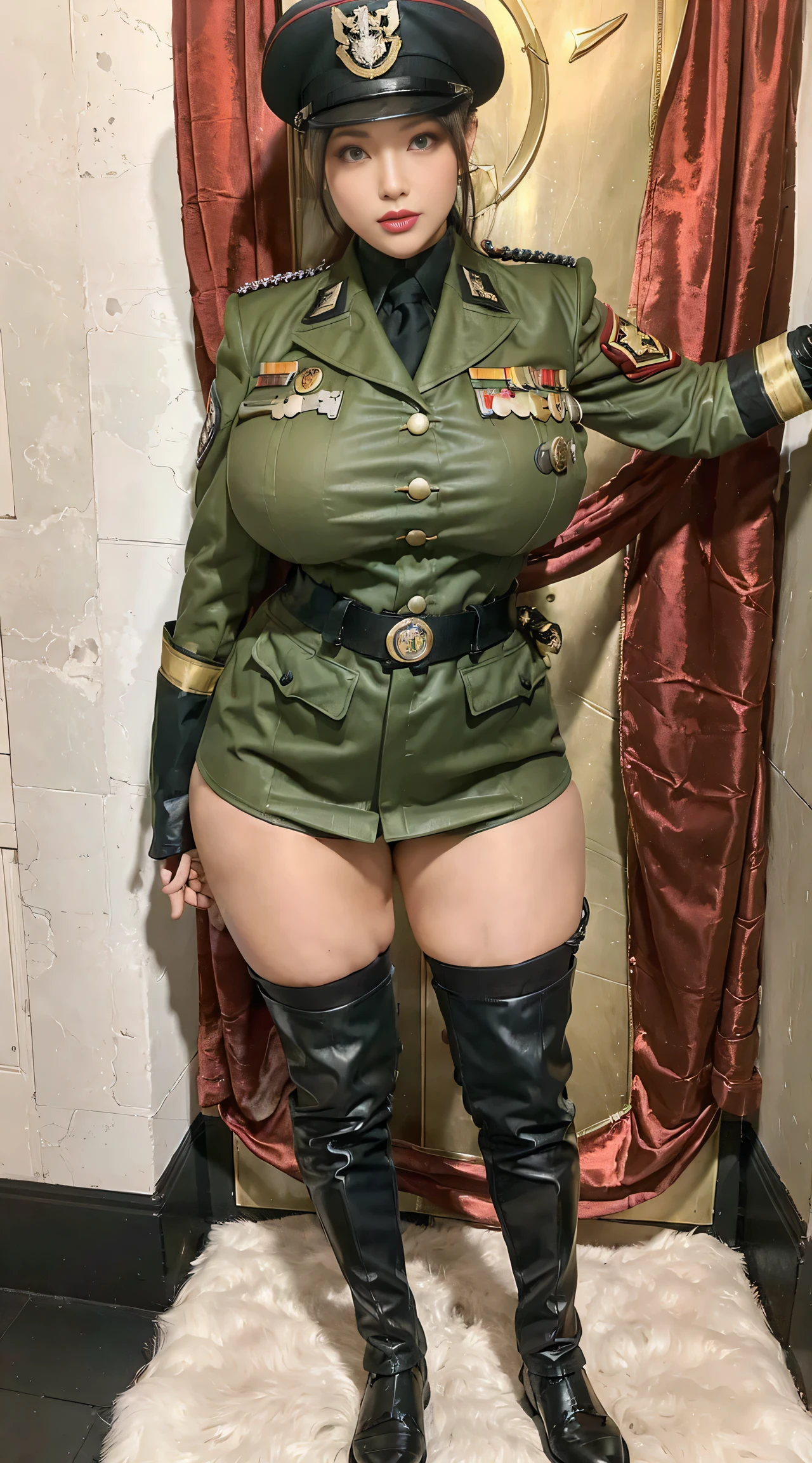 physically-based rendering, 1girl, Female soldier, (huge fake breasts:1.2), (street city), sexy muscular body, slim waist, big buttocks, (Full body:1.3), walking, skintight army skirt, (military uniform:1.3).