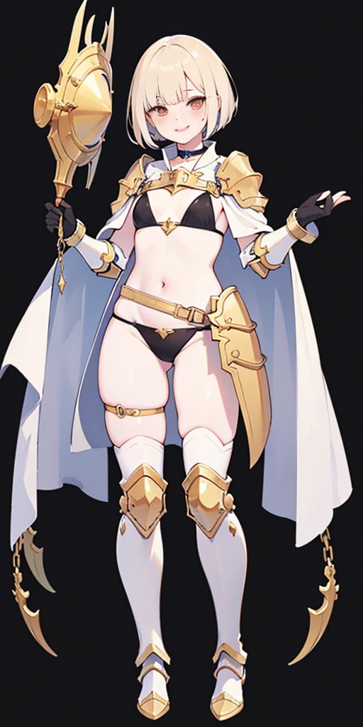 Masterpiece, (flat black background:1.2) solo, detailed face, intricate iris, thick lips, robot girl, (gold and white skin), realistic illustration of a (cyborg girl), (RED eyes), IvoryGoldAI, (freckles),(holding BREATHTAKING:1.2), (gold and white armor:1.2), (looking at viewer:1.2), parted lips, standing straight symmetrical, looking at viewer, lustful smirking smile face red blushed red cheeks, thick thighs, thigh highs, thigh, boots, armor, armored boots, full body armor, bikini armor, big breastplate, pauldron, bracers, leather black choker, tiger claws gloves, short bob white haircut, helmeted, metal shoulders, red long loincloth, longest blue cape reach to the waist, shackles and chains wristbands