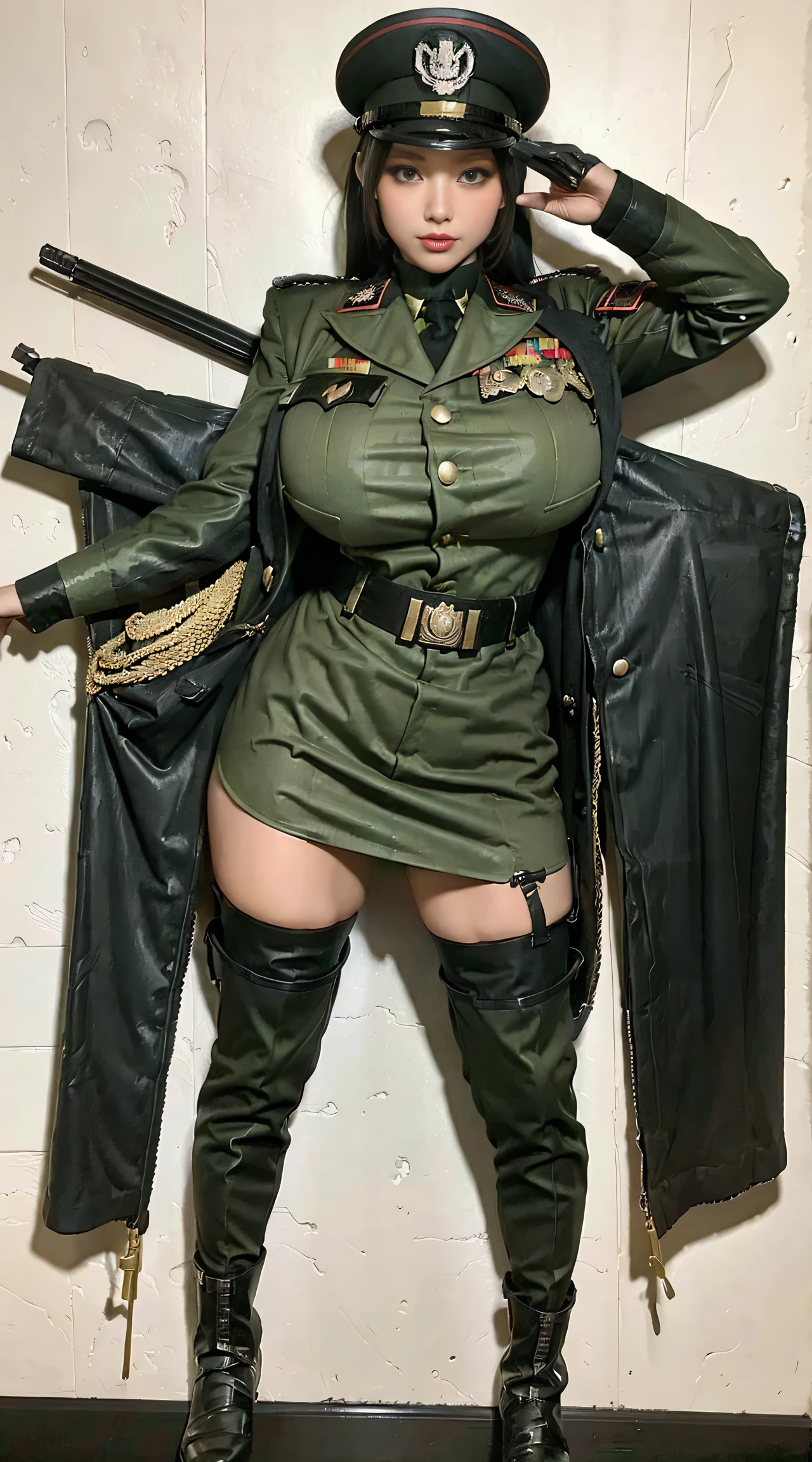 physically-based rendering, 1girl, Female soldier, (huge fake breasts:1.2), (street city), sexy muscular body, slim waist, big buttocks, (Full body:1.3), walking, skintight army skirt, (military uniform:1.3).