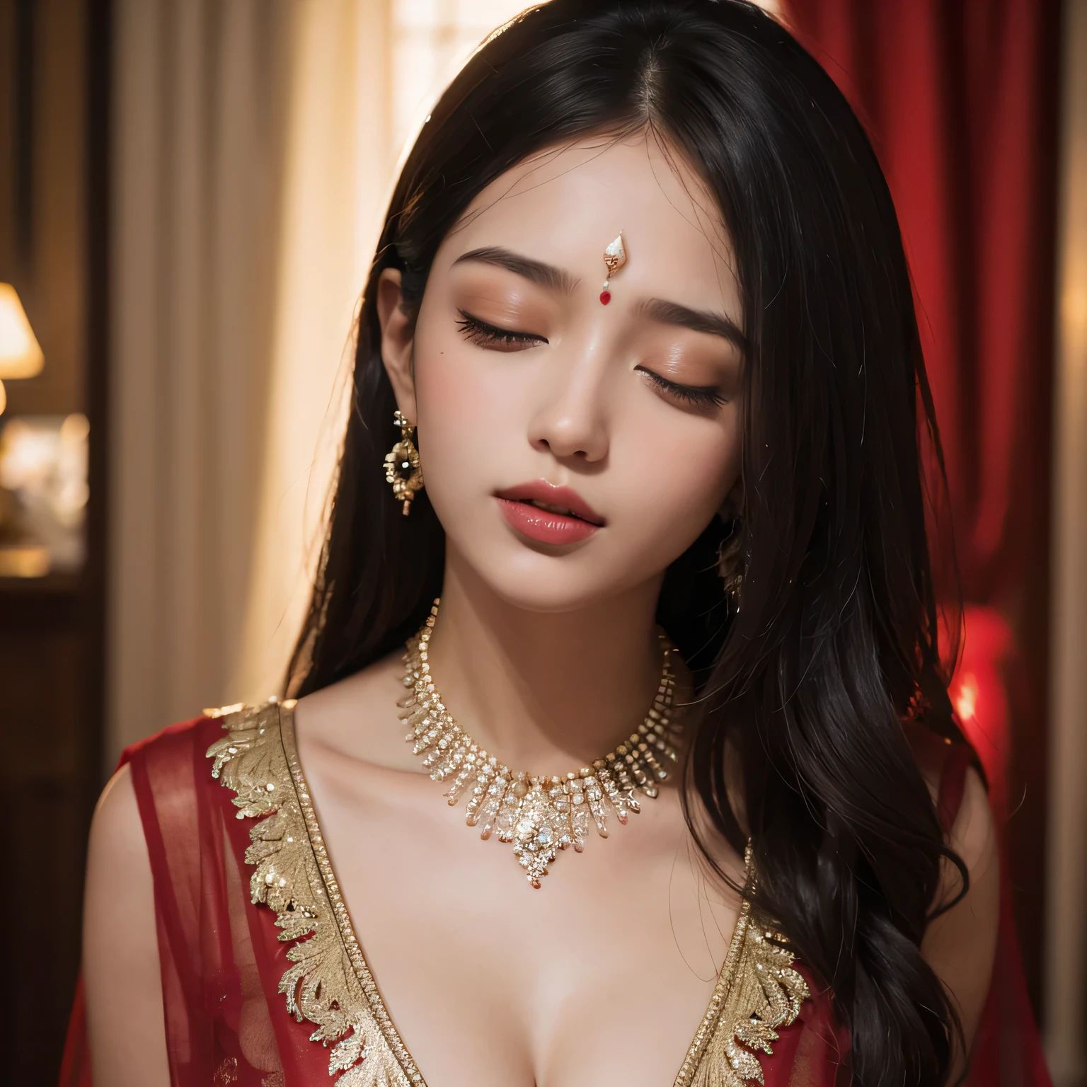 Amazing portrait of a sexy woman with a beautiful face dazzling in a stunning red saree