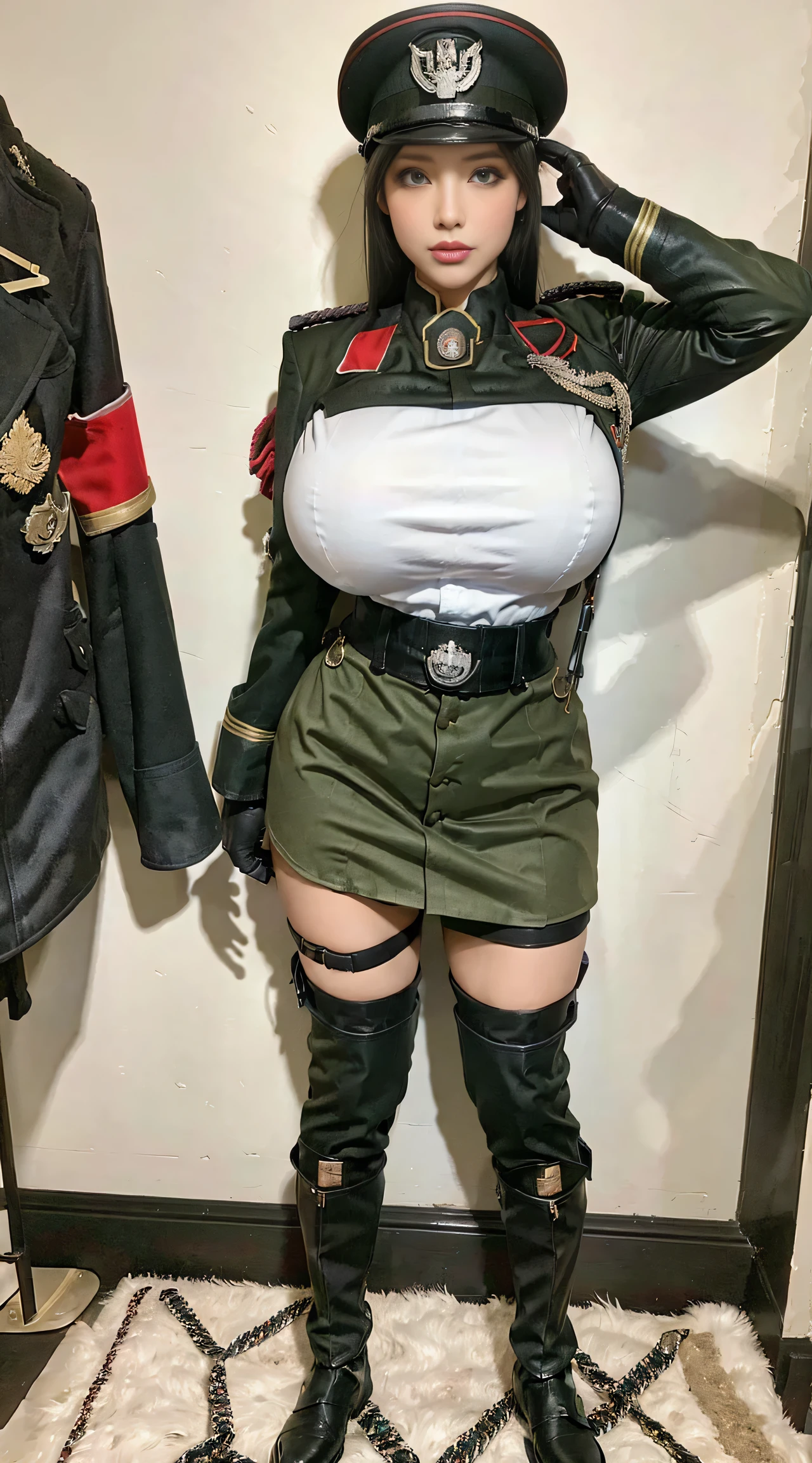 physically-based rendering, 1girl, Female soldier, (huge fake breasts:1.2), (street city), sexy muscular body, slim waist, big buttocks, (Full body:1.3), walking, skintight army skirt, (military uniform:1.3).