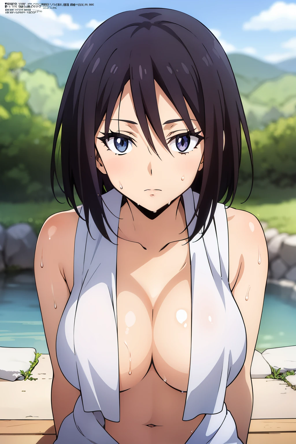 (anime cels style, Masterpiece, best quality, high resolution, anime colored, megami magazine:1.2, anime poster style, anime keyvisual, sharp, 8k, photorealistic), (beautiful eyes:1.5), sakaguchihinata\(ttigraas\), 1girl, cute, black hair, very short hair, large breast, cleavage, nude, (wet Towel over breasts:1.2), (upper body, sitting), (perfect detailed anatomy, perfect arms, perfect fingers, beautiful face, perfect body, shiny skin), onsen, wet