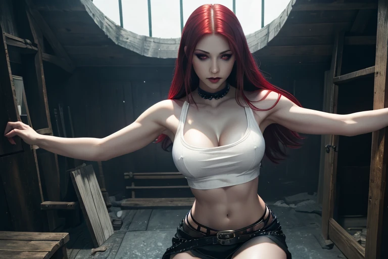 Photorealistic, Ultra realistic, 16k, high quality, cinematic lights, dream atmosphere, dream aesthetic, 1girl, scarlet-red hair, realistic silky hair(red), cute pale-blue eyes (shiny look), long flowing hair(realistic), gothic makeup, pale-white skin illuminated, realistic textured skin, realistic shading, alternative outfit, cleavage, large natural breasts, (blue crop top:1.2), bare shoulders, black midriff, black miniskirt, realistic textures, belt, 16k resolution, detailed face and eyes, muscular female body, strong arms, lean belly, big hips, muscular thighs, thick legs, full body, realistic, style-paintmagic, different positions at different types of angles.