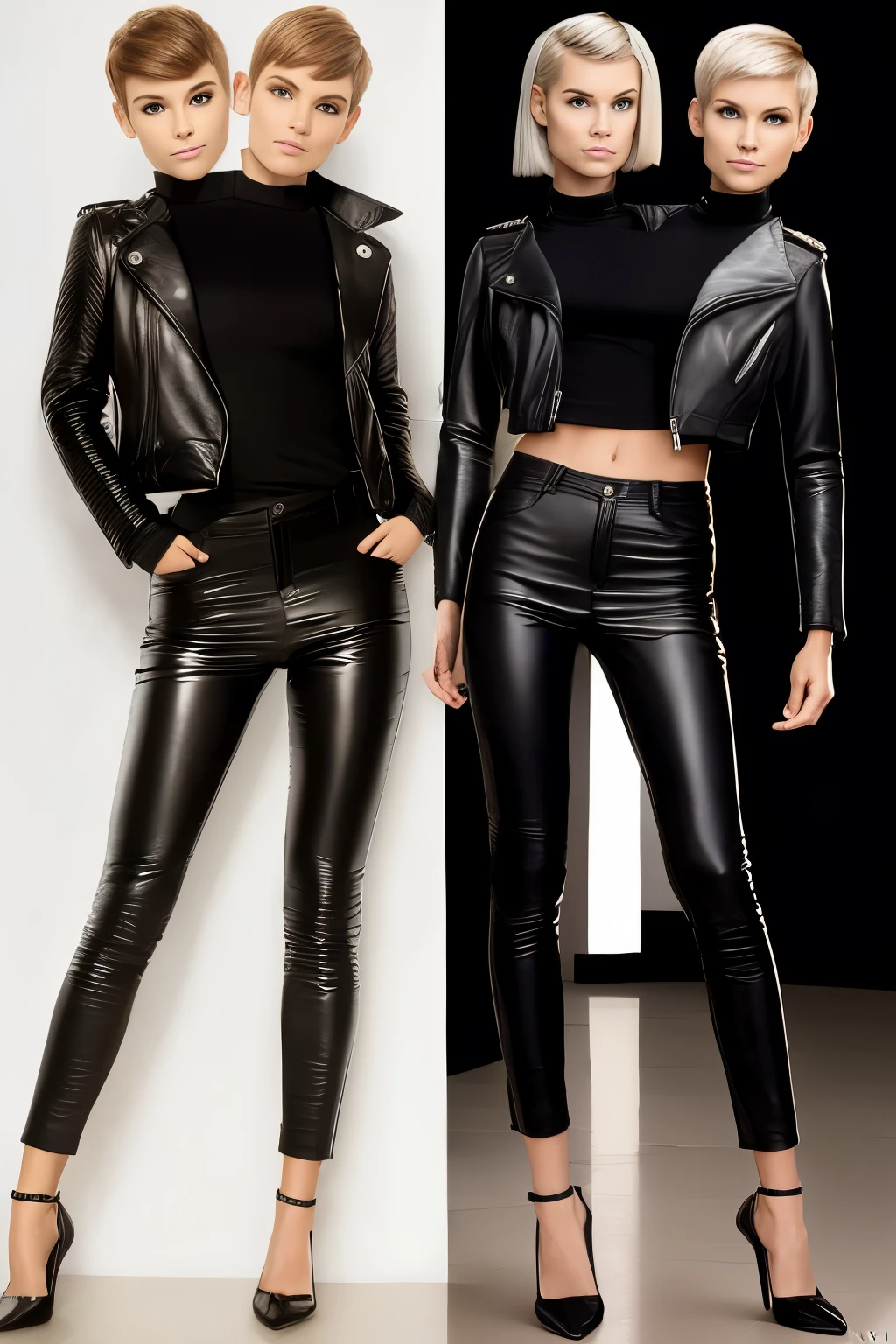 best resolution, 2heads, white woman with two heads , pixie cut and ponytail different faces, leather jacket and pants, indoor background