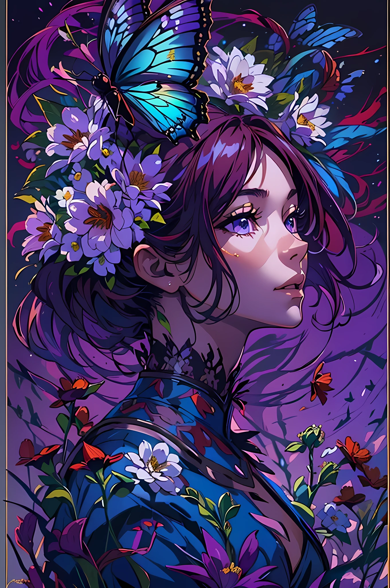 high details, best quality, 16k, RAW, [best detailed], masterpiece, best quality, (extremely detailed), full body, ultra wide shot, photorealistic, dark fantasy art, goth art, RPG art, D&D art, a picture of a dark female fairy resting in a flower meadow, extremely beautiful fairy, ultra feminine (intense details, Masterpiece, best quality), best detailed face (intense details, Masterpiece, best quality), having wide butterfly wings butterfly_wings, spread butterfly wings (intense details, Masterpiece, best quality: 1.3), (purple: 1.5) colors wings (intense details, Masterpiece, best quality), (dark red) hair, long hair, shinning hair, flowing hair, shy smile, innocent smile, (blue: 1.3) eyes, dark blue lips, wearing (white: 1.3) dress latex corset (intense details, Masterpiece, best quality), dynamic elegant shirt, chocker, wearing (red: 1.3) high heels, in various shades of red colored flower meadow (intense details, Masterpiece, best quality), (red flowers: 1.2) , (black flowers: 1.2), (white flowers: 1.2), (blue flowers: 1.3) [extreme many flowers] (intense details, Masterpiece, best quality), dark colorful flowers (intense details, Masterpiece, best quality), flower meadow in a dark goth field background, night time, moon rising, dim light, cinematic light, High Detail, Ultra High Quality, High Resolution, 16K Resolution, Ultra HD Pictures, 3D rendering Ultra Realistic, Clear Details, Realistic Detail, Ultra High Definition, #chinese cloth, dungeons and dragons, DonMDr4g0nXL