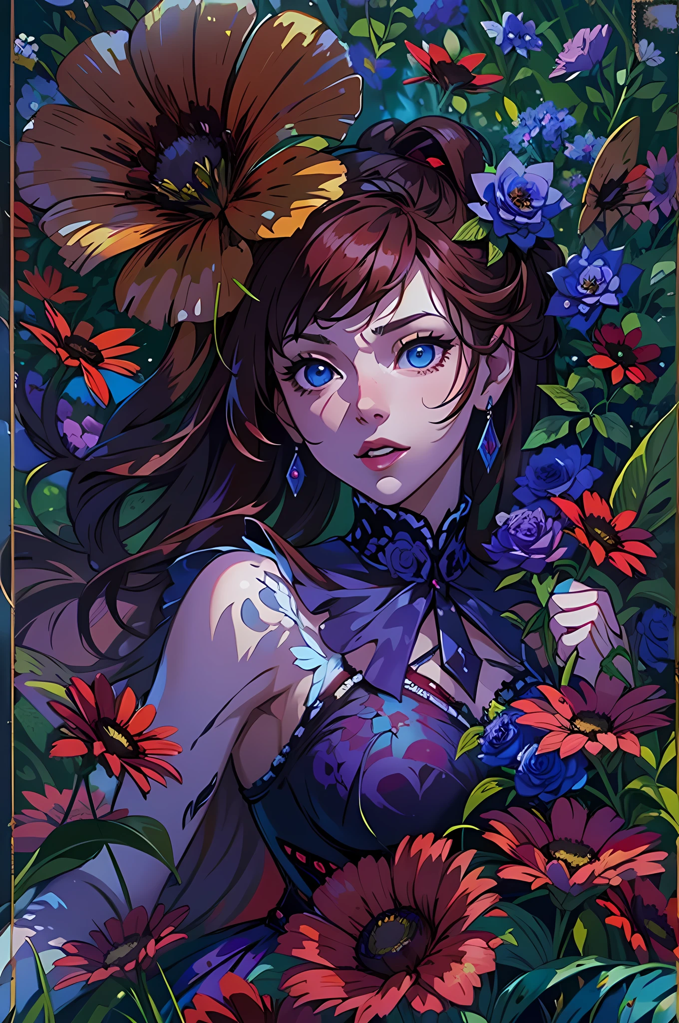 high details, best quality, 16k, RAW, [best detailed], masterpiece, best quality, (extremely detailed), full body, ultra wide shot, photorealistic, dark fantasy art, goth art, RPG art, D&D art, a picture of a dark female fairy resting in a flower meadow, extremely beautiful fairy, ultra feminine (intense details, Masterpiece, best quality), best detailed face (intense details, Masterpiece, best quality), having wide butterfly wings butterfly_wings, spread butterfly wings (intense details, Masterpiece, best quality: 1.3), (purple: 1.5) colors wings (intense details, Masterpiece, best quality), (dark red) hair, long hair, shinning hair, flowing hair, shy smile, innocent smile, (blue: 1.3) eyes, dark blue lips, wearing (white: 1.3) dress latex corset (intense details, Masterpiece, best quality), dynamic elegant shirt, chocker, wearing (red: 1.3) high heels, in various shades of red colored flower meadow (intense details, Masterpiece, best quality), (red flowers: 1.2) , (black flowers: 1.2), (white flowers: 1.2), (blue flowers: 1.3) [extreme many flowers] (intense details, Masterpiece, best quality), dark colorful flowers (intense details, Masterpiece, best quality), flower meadow in a dark goth field background, night time, moon rising, dim light, cinematic light, High Detail, Ultra High Quality, High Resolution, 16K Resolution, Ultra HD Pictures, 3D rendering Ultra Realistic, Clear Details, Realistic Detail, Ultra High Definition, #chinese cloth, dungeons and dragons, DonMDr4g0nXL