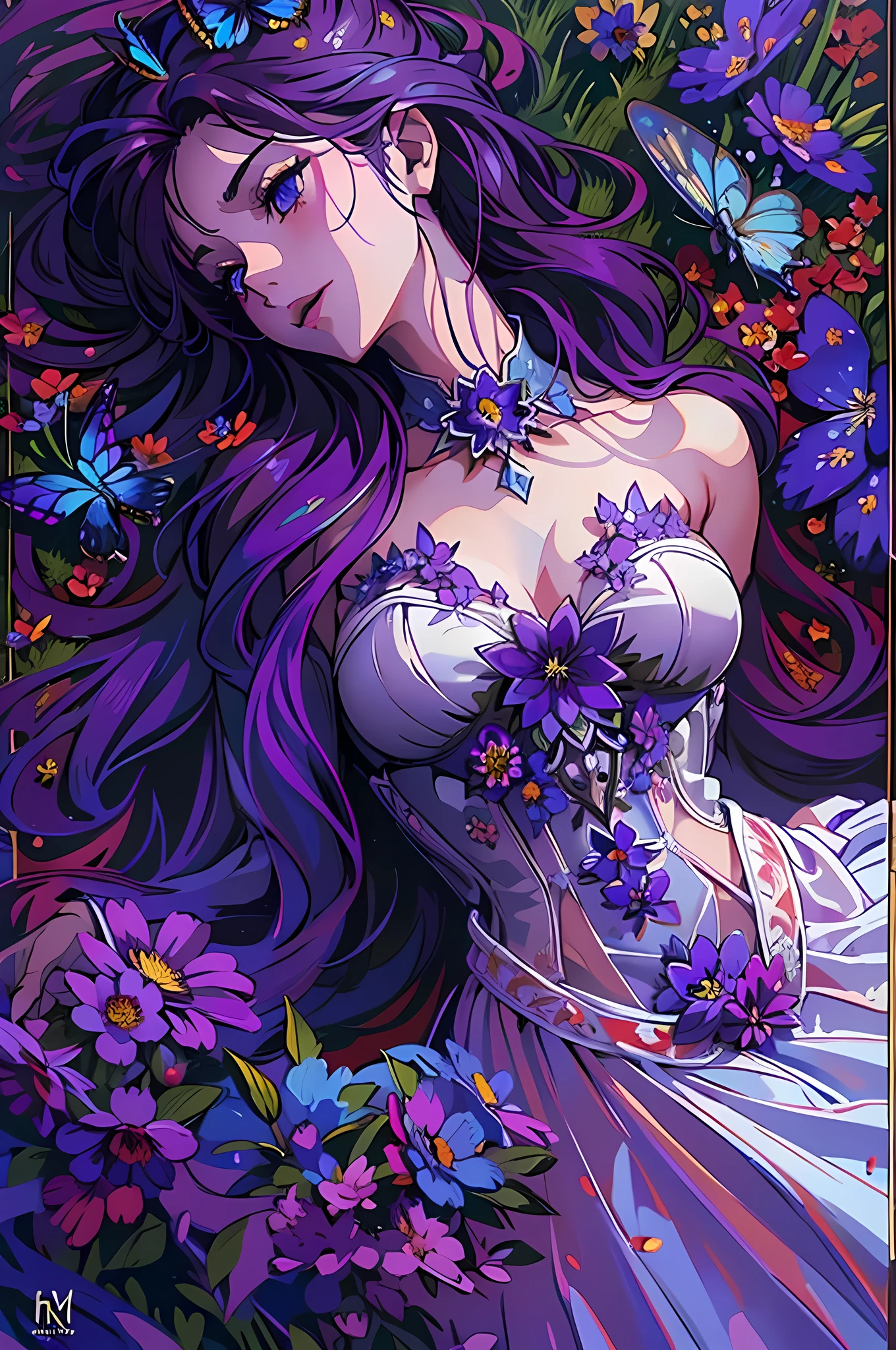 high details, best quality, 16k, RAW, [best detailed], masterpiece, best quality, (extremely detailed), full body, ultra wide shot, photorealistic, dark fantasy art, goth art, RPG art, D&D art, a picture of a dark female fairy resting in a flower meadow, extremely beautiful fairy, ultra feminine (intense details, Masterpiece, best quality), best detailed face (intense details, Masterpiece, best quality), having wide butterfly wings butterfly_wings, spread butterfly wings (intense details, Masterpiece, best quality: 1.3), (purple: 1.5) colors wings (intense details, Masterpiece, best quality), (dark red) hair, long hair, shinning hair, flowing hair, shy smile, innocent smile, (blue: 1.3) eyes, dark blue lips, wearing (white: 1.3) dress latex corset (intense details, Masterpiece, best quality), dynamic elegant shirt, chocker, wearing (red: 1.3) high heels, in various shades of red colored flower meadow (intense details, Masterpiece, best quality), (red flowers: 1.2) , (black flowers: 1.2), (white flowers: 1.2), (blue flowers: 1.3) [extreme many flowers] (intense details, Masterpiece, best quality), dark colorful flowers (intense details, Masterpiece, best quality), flower meadow in a dark goth field background, night time, moon rising, dim light, cinematic light, High Detail, Ultra High Quality, High Resolution, 16K Resolution, Ultra HD Pictures, 3D rendering Ultra Realistic, Clear Details, Realistic Detail, Ultra High Definition, #chinese cloth, dungeons and dragons, DonMDr4g0nXL