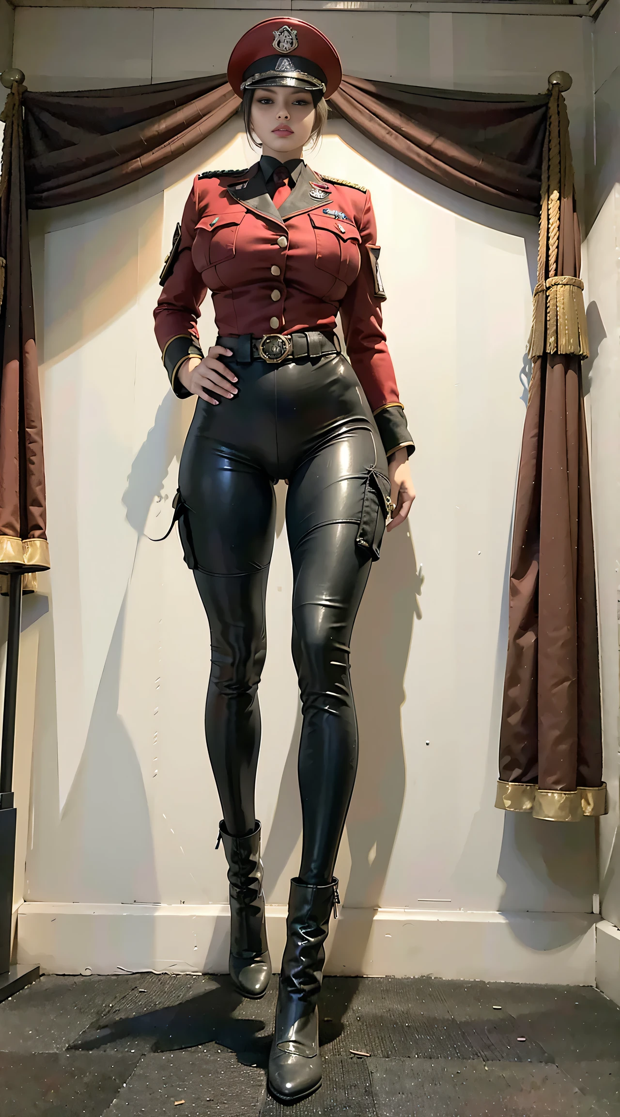 physically-based rendering, 1girl, Female soldier, (huge fake breasts:1), sexy muscular body, slim waist, big buttocks, (Full body:1.3), skintight army pants, (wearing Red military uniform).