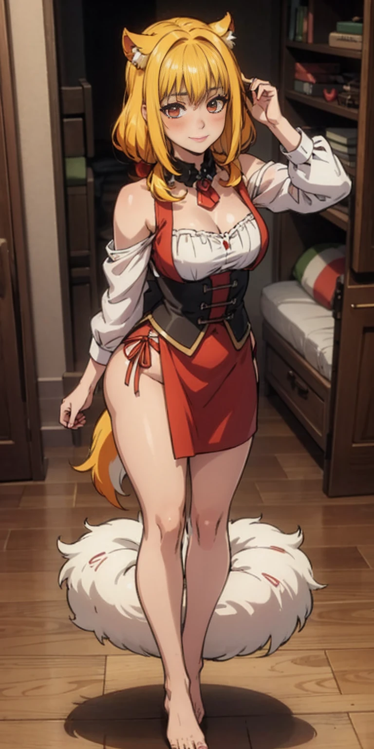 Roxanne Demin kin 1girl, solo, medium breasts, body position: standing, straight, symmetrical, barefoot, lustful smile on face with red blush, fluffy ears, dog ears, blonde hair