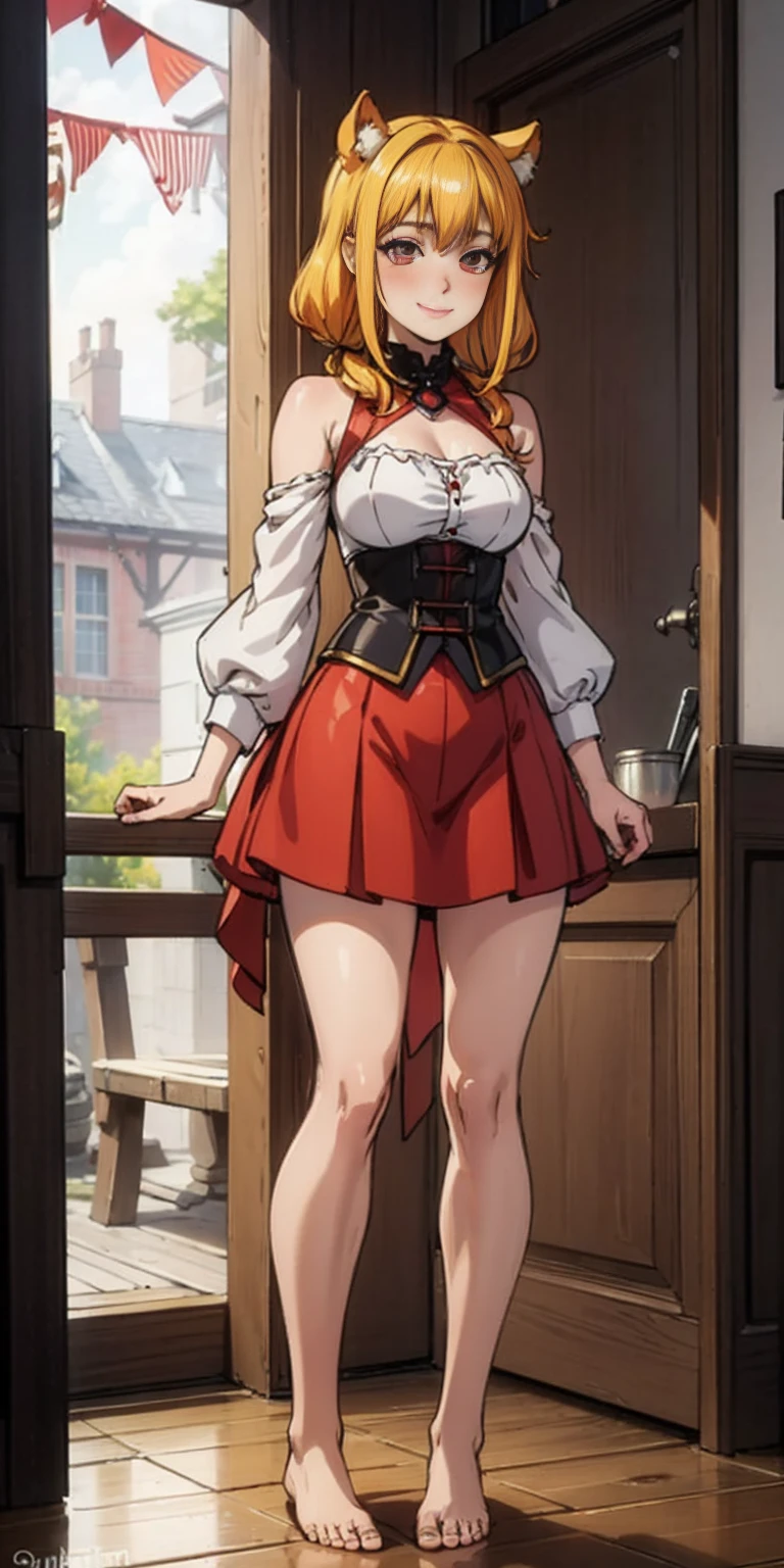 Roxanne Demin kin 1girl, solo, medium breasts, body position: standing, straight, symmetrical, barefoot, lustful smile on face with red blush, fluffy ears, dog ears, blonde hair