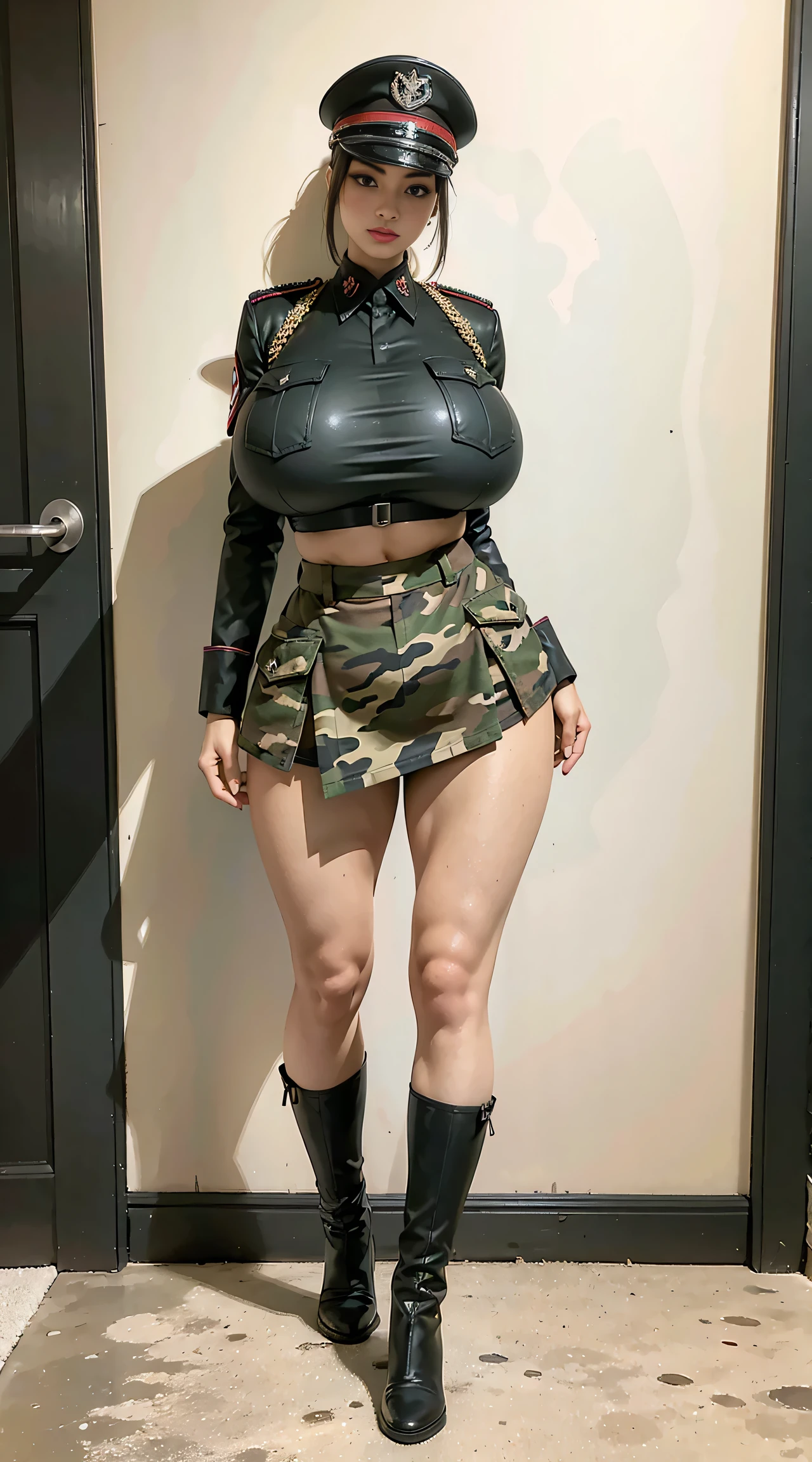 physically-based rendering, 1girl, Female soldier, (huge fake breasts:1.2), sexy muscular body, slim waist, big buttocks, (Full body:1.3), skintight army military crop top uniform, short camo skirt, , huge breasts, wide hips, long sexy legs, tall