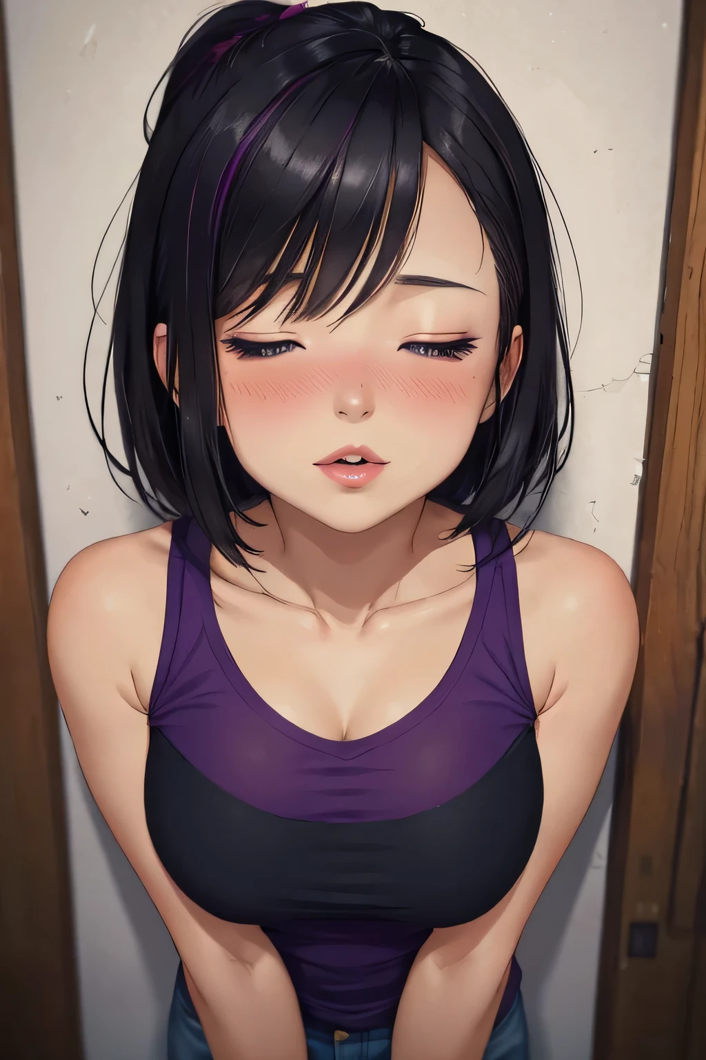 Amazing portrait of a short and sexy woman wearing purple t shirt and black tracks who is pinned against the wall with her eyes closed and her lips parted and blushing intensely being ready to kiss