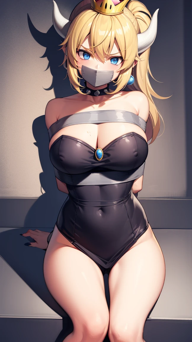 Bowsette, natural lighting, masterpiece, highly detailed, illustration, game CG, absurdres, high quality, aichan, large breasts, beautiful detailed eyes, short, (tape gag), (tape bound), (arms bound), (legs bound:1.2), eyes wide, shocked, surprised, collarbone, sitting, (knees bent), Bowsette a un énorme cul, Bowsette is Nude, Bowsette has huge tits