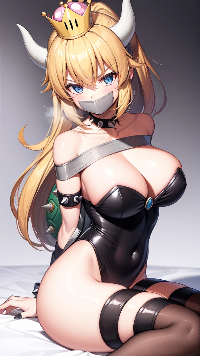 Bowsette, natural lighting, masterpiece, highly detailed, illustration, game CG, absurdres, high quality, aichan, large breasts, beautiful detailed eyes, short, (tape gag), (tape bound), (arms bound), (legs bound:1.2), eyes wide, shocked, surprised, collarbone, sitting, (knees bent), Bowsette a un énorme cul, Bowsette is Nude, Bowsette has huge tits 