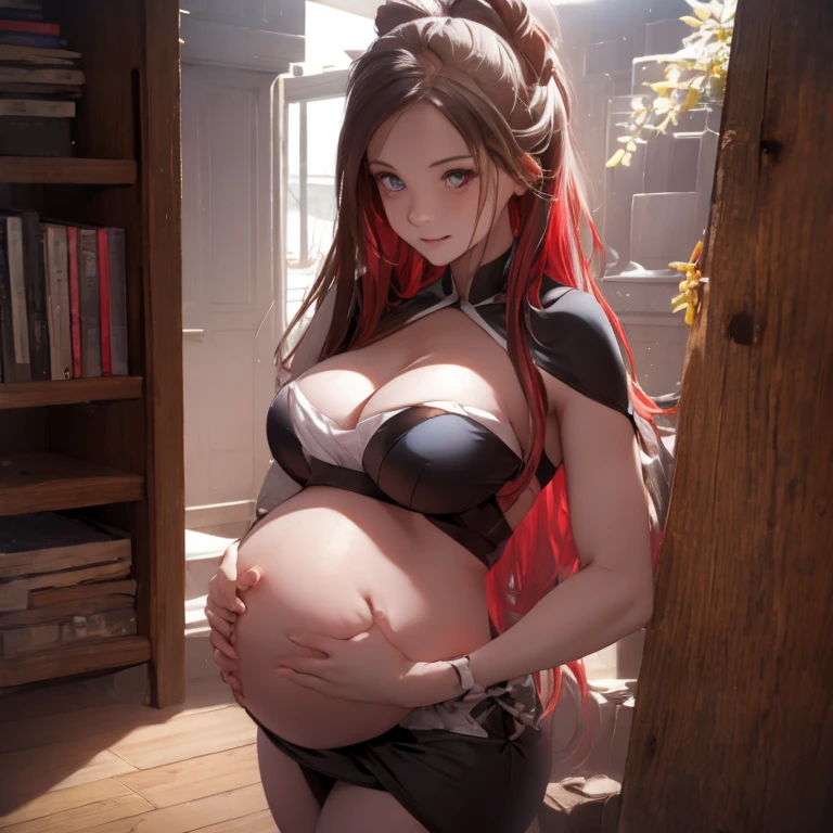 1woman, Pregnant goddess, mature, bunny girl, tight black dress, wavy red hair, bunny ears, cleavage