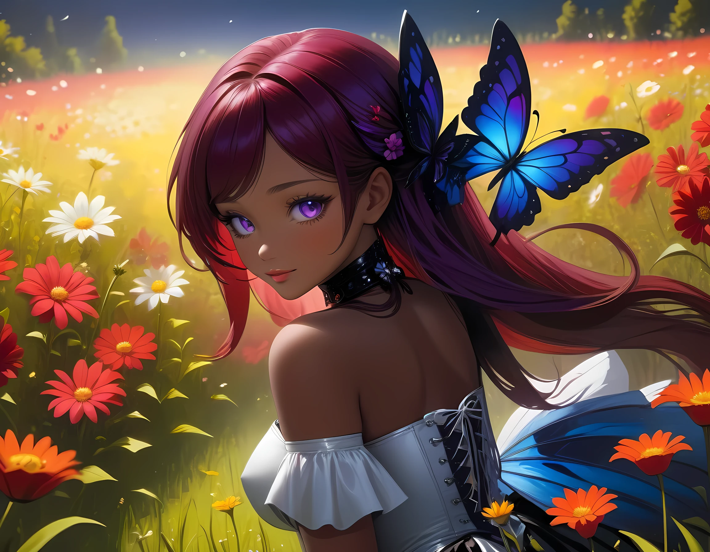 high details, best quality, 16k, RAW, [best detailed], masterpiece, best quality, (extremely detailed), full body, ultra wide shot, photorealistic, dark fantasy art, goth art, RPG art, D&D art, a picture of a dark female fairy resting in a flower meadow, extremely beautiful fairy, ultra feminine (intense details, Masterpiece, best quality), best detailed face (intense details, Masterpiece, best quality), having wide butterfly wings, spread butterfly wings (intense details, Masterpiece, best quality: 1.3), (purple: 1.5) colors wings (intense details, Masterpiece, best quality), (dark red) hair, long hair, shinning hair, flowing hair, shy smile, innocent smile, (blue: 1.3) eyes, dark blue lips, wearing (white: 1.3) dress latex corset (intense details, Masterpiece, best quality), dynamic elegant shirt, chocker, wearing (red: 1.3) high heels, in various shades of red colored flower meadow (intense details, Masterpiece, best quality), (red flowers: 1.2) , (black flowers: 1.2), (white flowers: 1.2), (blue flowers: 1.3) [extreme many flowers] (intense details, Masterpiece, best quality), dark colorful flowers (intense details, Masterpiece, best quality), flower meadow in a dark goth field background, night time, moon rising, dim light, cinematic light, High Detail, Ultra High Quality, High Resolution, 16K Resolution, Ultra HD Pictures, 3D rendering Ultra Realistic, Clear Details, Realistic Detail, Ultra High Definition, #chinese cloth, dungeons and dragons, DonMDr4g0nXL