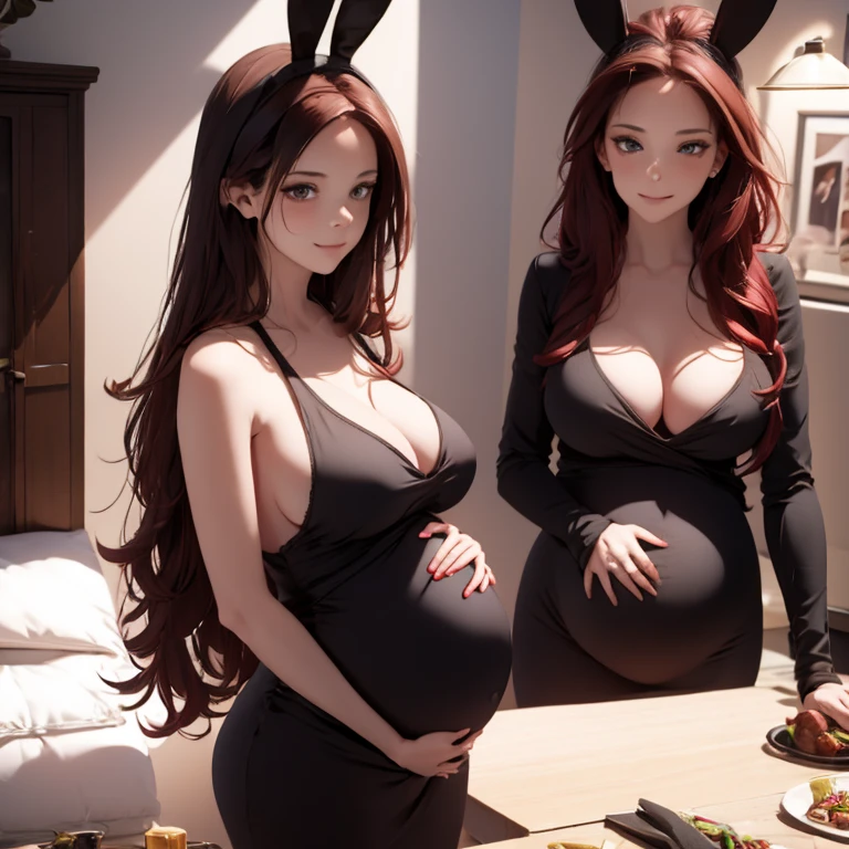 1woman, Pregnant goddess, mature, bunny girl, tight black dress, wavy red hair, bunny ears, cleavage 