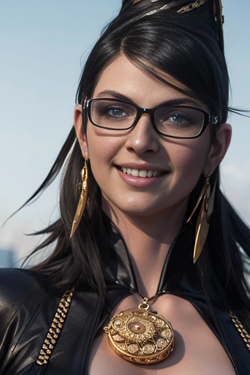 score_9, score_8_up, score_7_up, score_6_up, score_5_up, 1girl, Bayonetta, 1girl, solo, long hair, looking at viewer, smile, short hair, blue eyes, jewelry, earrings, sky, black hair, glasses, lips, makeup, lipstick, eyeshadow, black-framed eyewear, alternate hair length, amulet (insanely detailed, beautiful detailed face, masterpiece, best quality) 