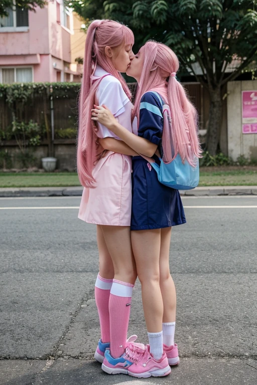 A wearing pink uniform, long pink hair, pink shoe and blue bag with her boyfriend putting on pink uniform also with long pink hair and white shoe and blue bag going to school and gisting with kissing