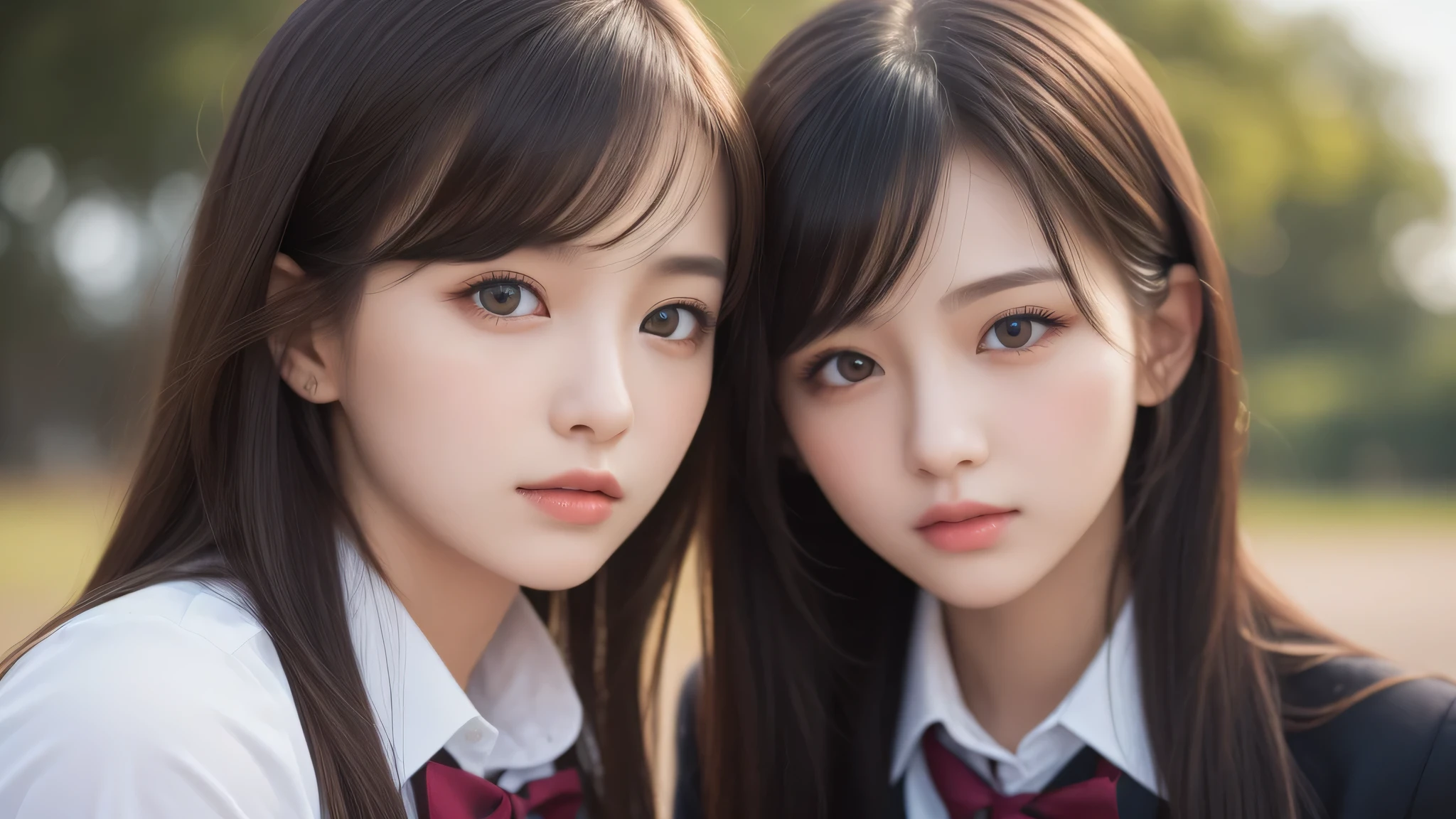 (2girl:1.3), (extremely detailed beautiful face), (highly detailed eyes, highly detailed face), (high school uniform), Fresh, very clean appearance, (best Quality:1.4), (hyper-realistic, hight resolution), Professional Photography, standing, Outdoors, Close up portrait of girl, staring at me, (Fine face:1.2), (big breasts:1.2), bob hair,