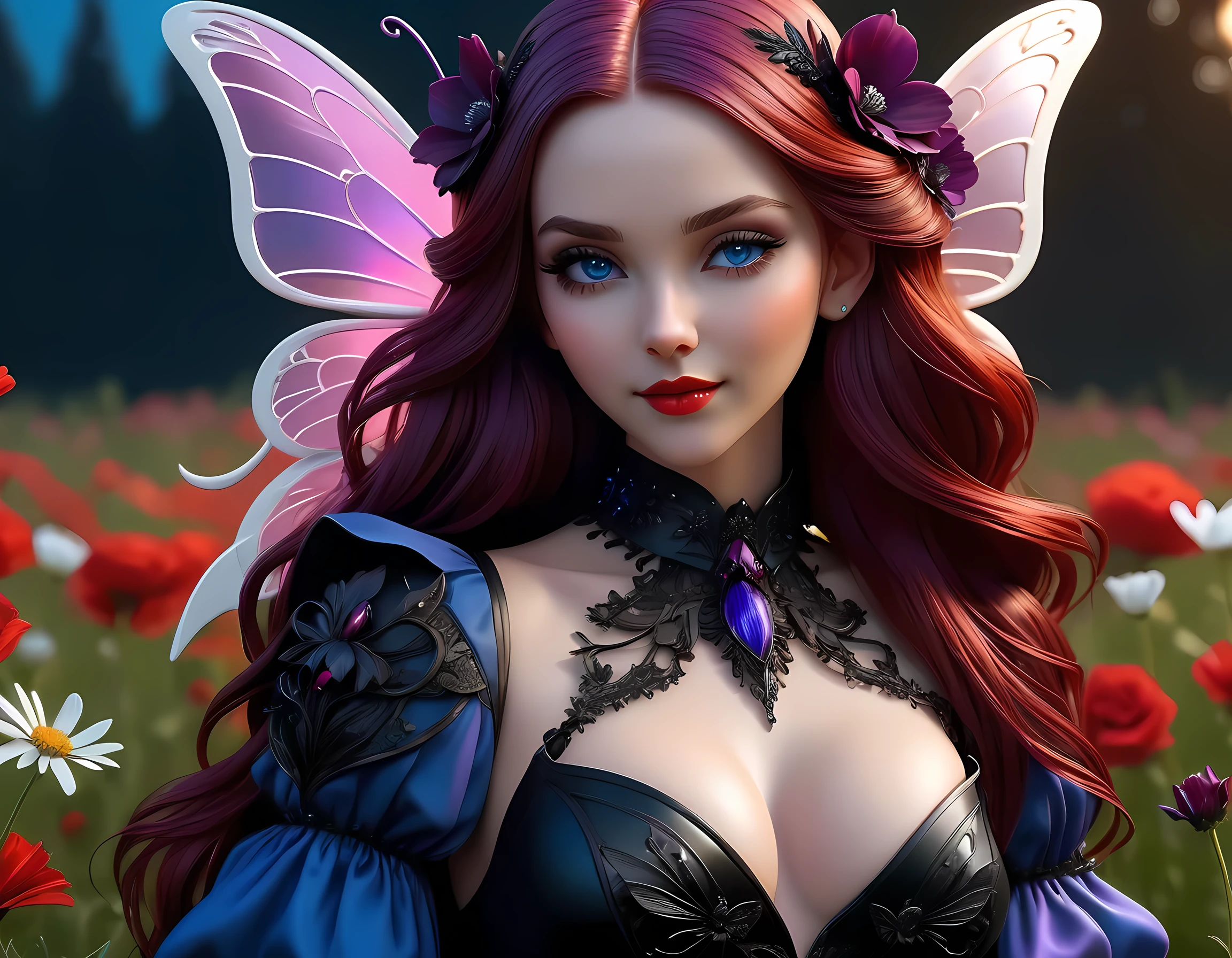 high details, best quality, 16k, RAW, [best detailed], masterpiece, best quality, (extremely detailed), full body, ultra wide shot, photorealistic, dark fantasy art, goth art, RPG art, D&D art, a picture of a dark female fairy resting in a flower meadow, extremely beautiful fairy, ultra feminine (intense details, Masterpiece, best quality), best detailed face (intense details, Masterpiece, best quality), having wide butterfly wings, spread butterfly wings (intense details, Masterpiece, best quality: 1.3), (purple: 1.5) colors wings (intense details, Masterpiece, best quality), (dark red) hair, long hair, shinning hair, flowing hair, shy smile, innocent smile, (blue: 1.3) eyes, dark blue lips, wearing (white: 1.3) dress latex corset (intense details, Masterpiece, best quality), dynamic elegant shirt, chocker, wearing (red: 1.3) high heels, in various shades of red colored flower meadow (intense details, Masterpiece, best quality), (red flowers: 1.2) , (black flowers: 1.2), (white flowers: 1.2), (blue flowers: 1.3) [extreme many flowers] (intense details, Masterpiece, best quality), dark colorful flowers (intense details, Masterpiece, best quality), flower meadow in a dark goth field background, night time, moon rising, dim light, cinematic light, High Detail, Ultra High Quality, High Resolution, 16K Resolution, Ultra HD Pictures, 3D rendering Ultra Realistic, Clear Details, Realistic Detail, Ultra High Definition, #chinese cloth, dungeons and dragons, DonMDr4g0nXL