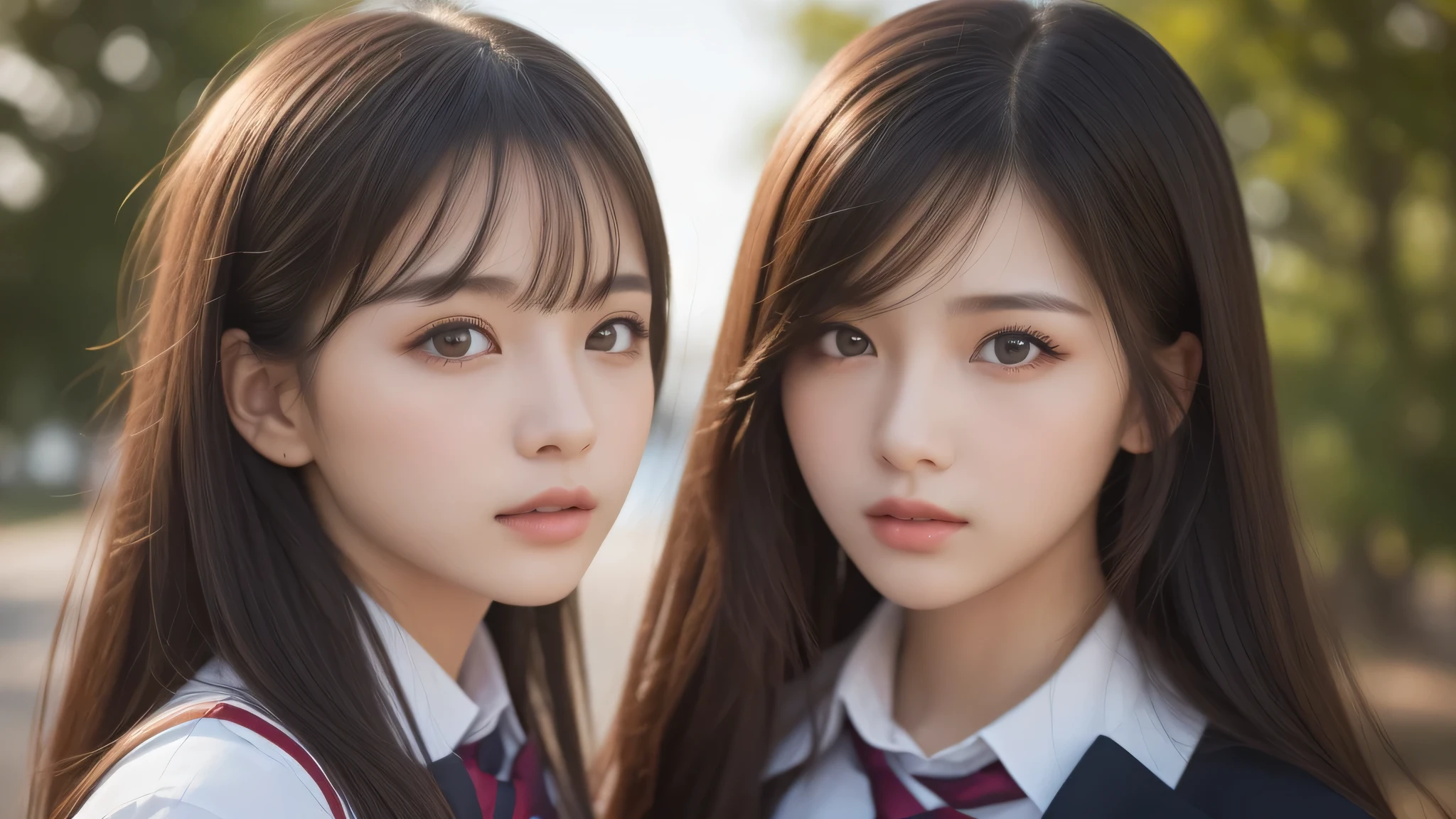 (2girl:1.3), (extremely detailed beautiful face), (highly detailed eyes, highly detailed face), (high school uniform), Fresh, very clean appearance, (best Quality:1.4), (hyper-realistic, hight resolution), Professional Photography, standing, Outdoors, Close up portrait of girl, staring at me, (Fine face:1.2), (big breasts:1.2), bob hair, 