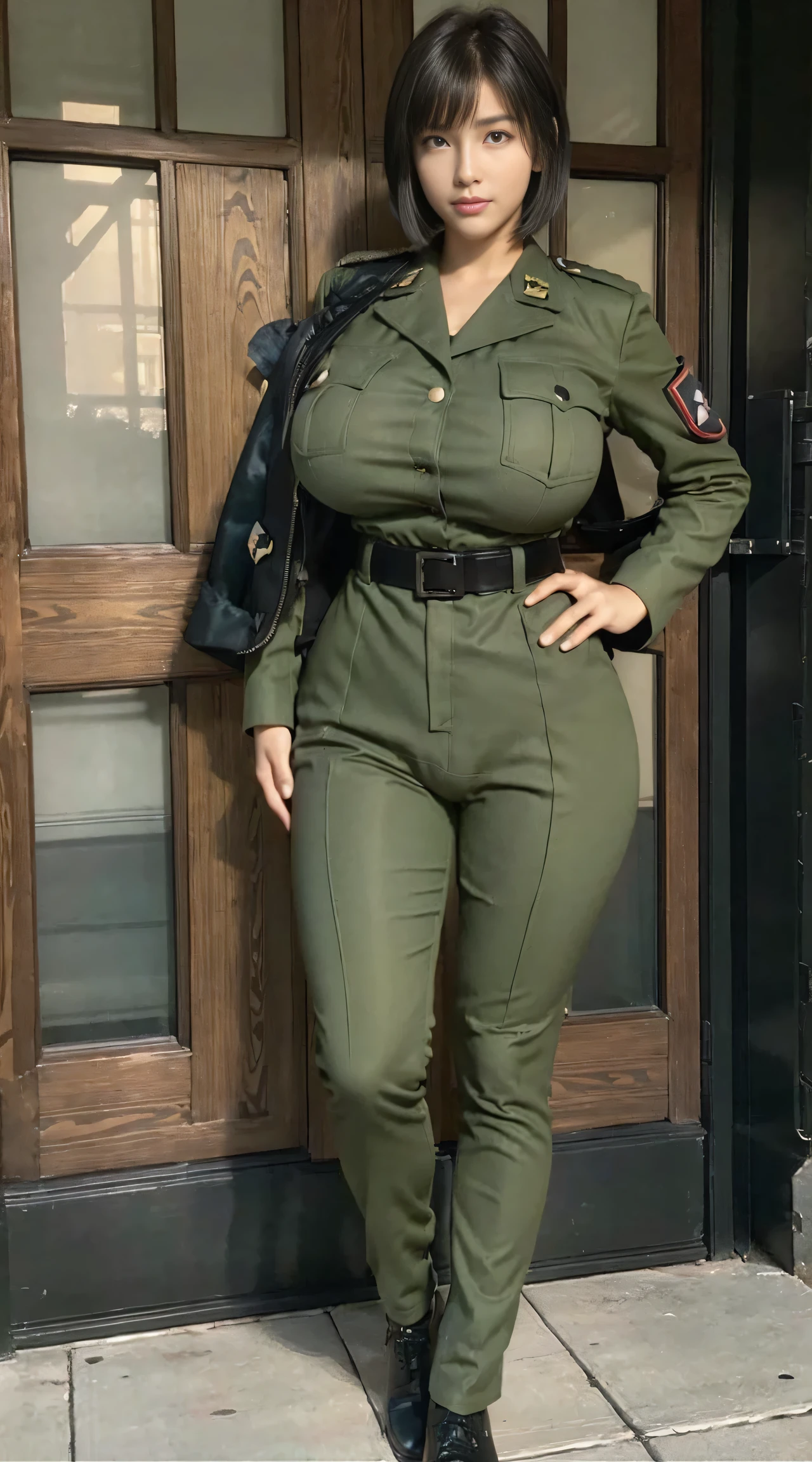 physically-based rendering, 1girl, Female soldier, (huge fake breasts:1.3), sexy muscular body, slim waist, (big buttocks:1.2), (Full body:1.5), front bangs short hair, skintight army suit, Dark green military uniform.